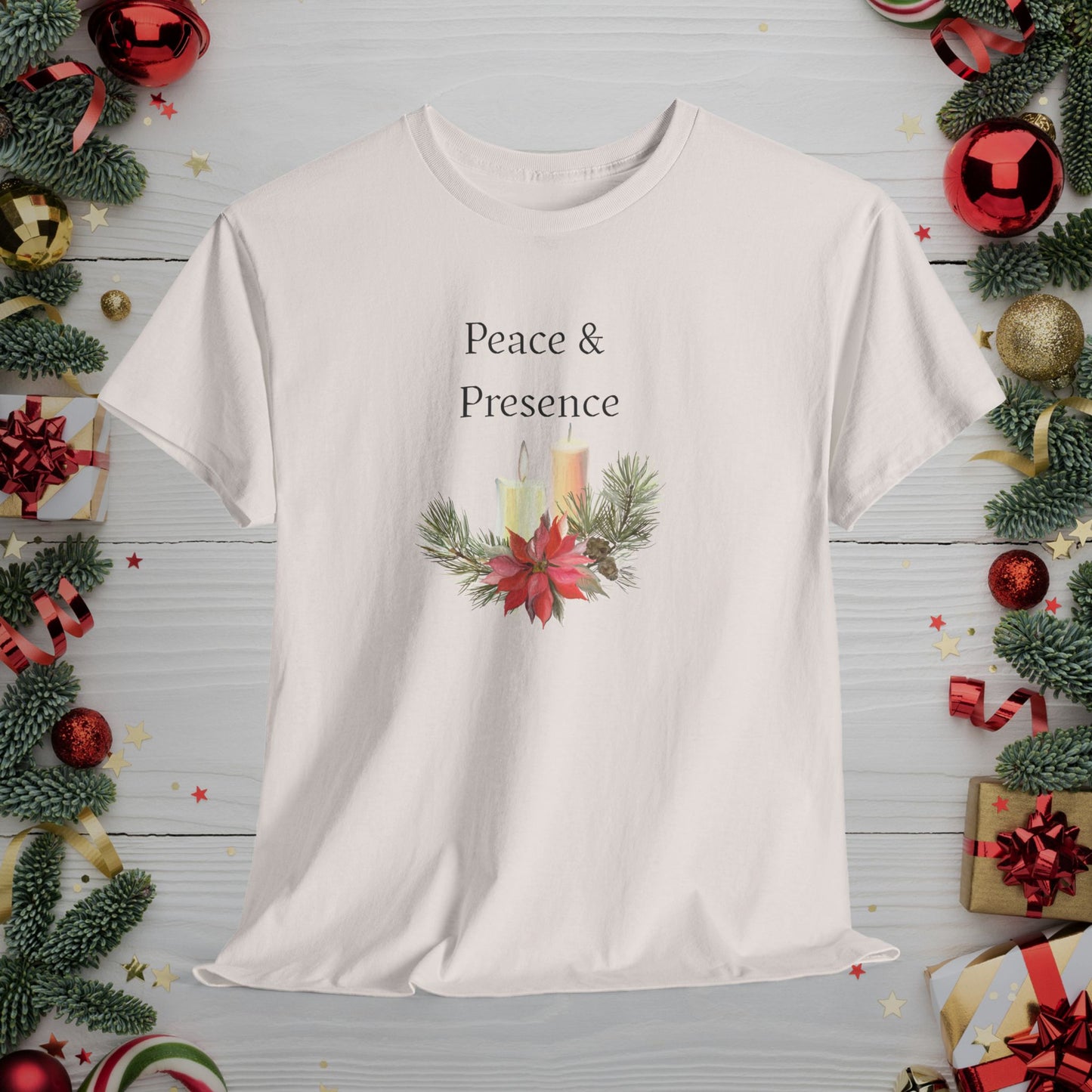 Peace & Presence Cozy Tee — Holiday Floral Christmas T‑Shirt, Cozy Christmas Aesthetic