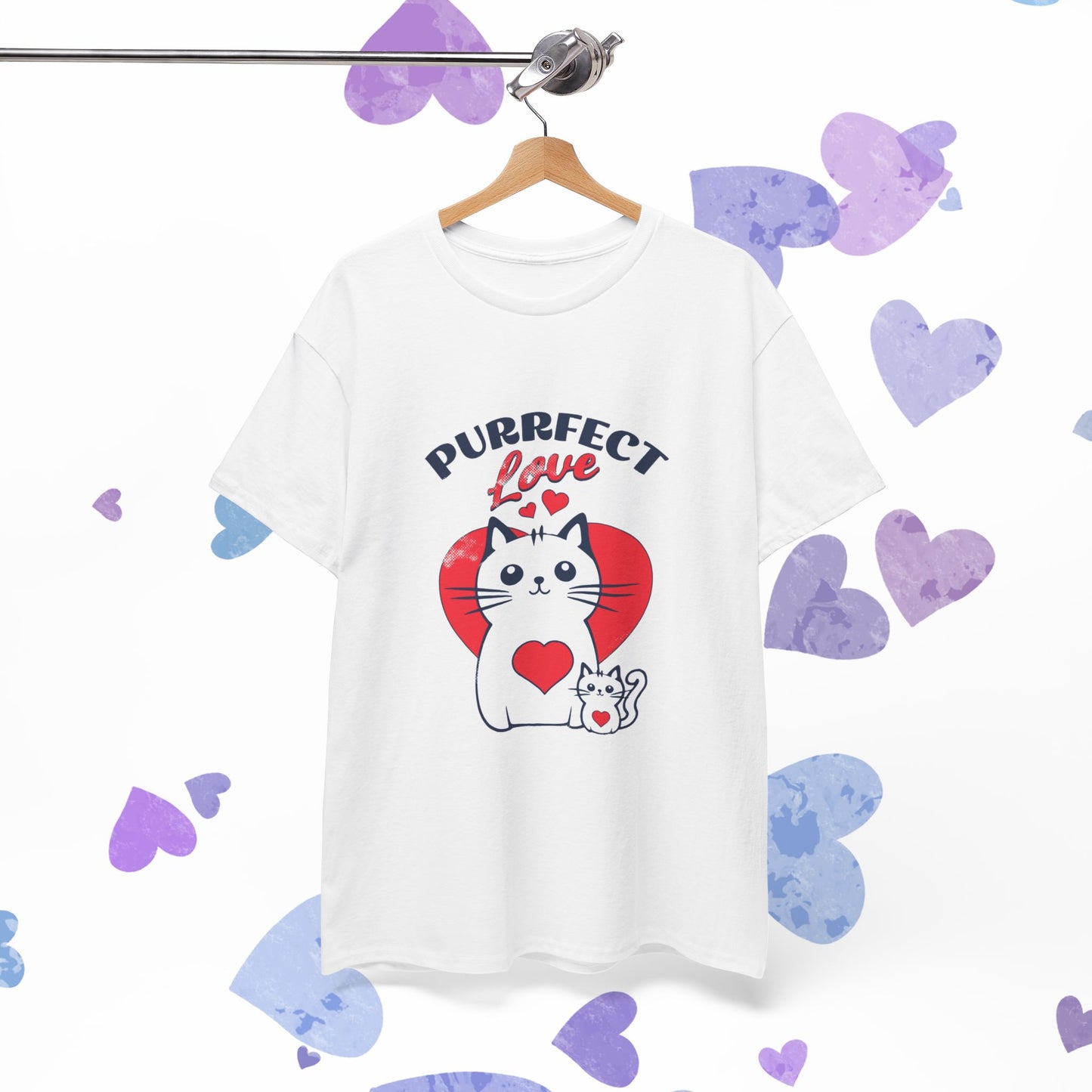 Purrfect Love Cat T-Shirt — Cute Heart Cat Graphic Tee for Cat Lovers, Valentine's Day Gift