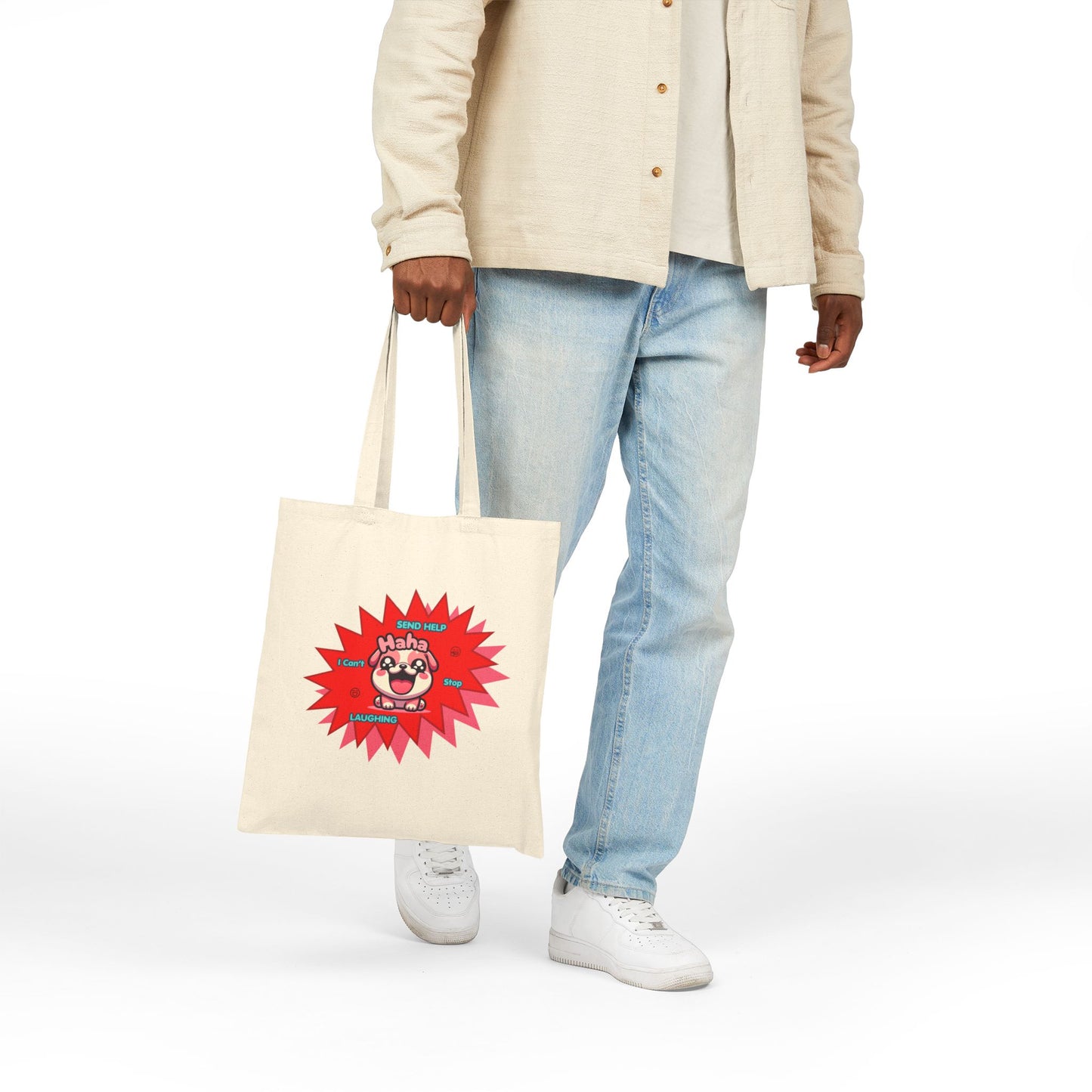 Canvas Tote Bag — Laughing Pink Bulldog "Send Help, I Can't Stop Laughing"