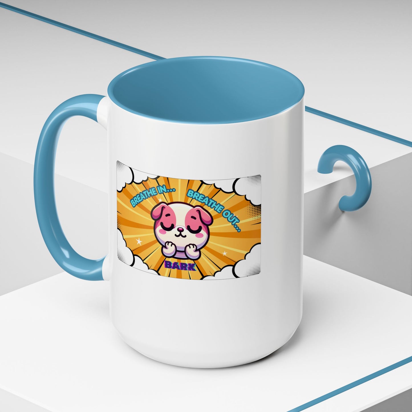 Stay Calm Pink Bulldog Kawaii Emote Coffee Mug — "Breathe In... Breathe Out... Bark"