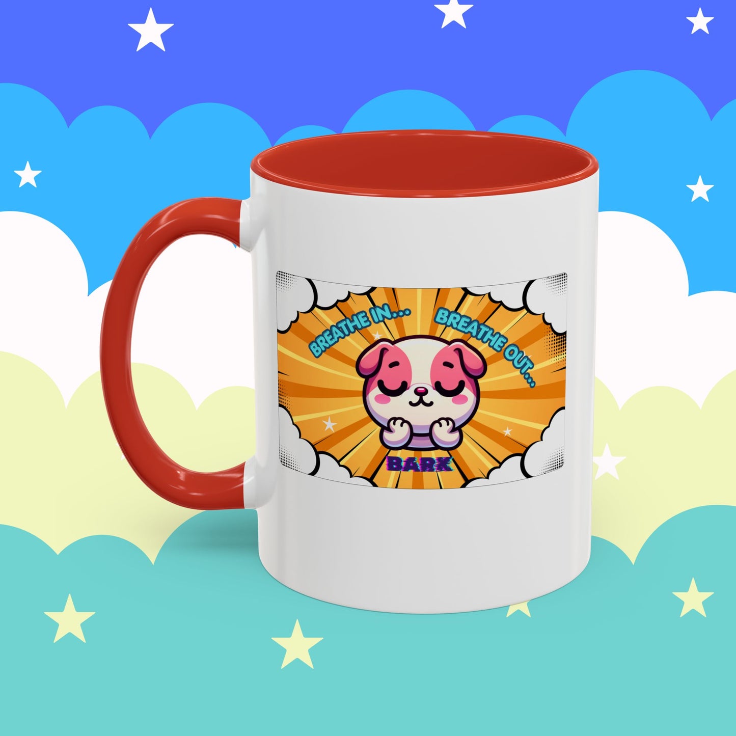 Stay Calm Pink Bulldog Kawaii Emote Coffee Mug — "Breathe In... Breathe Out... Bark"