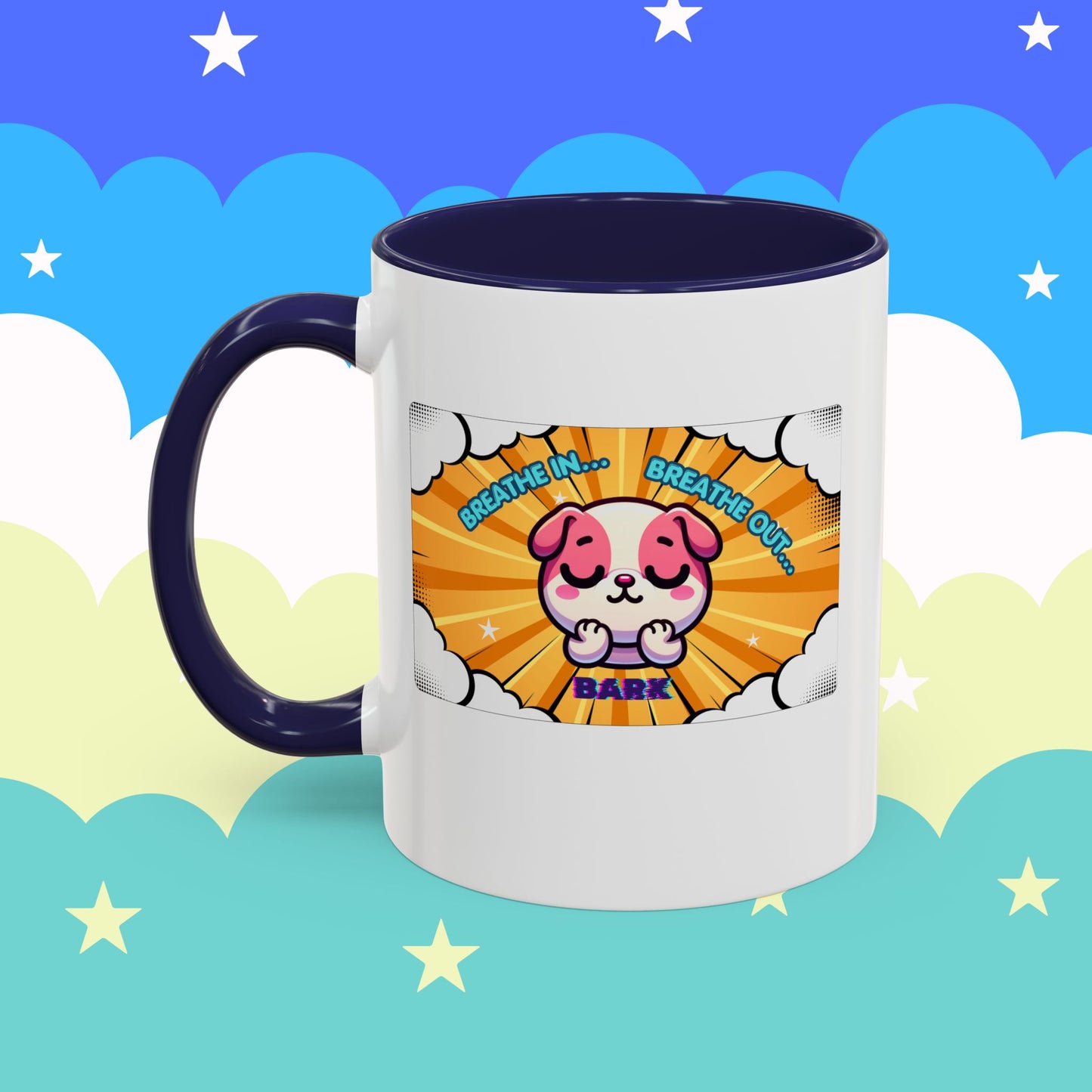 Stay Calm Pink Bulldog Kawaii Emote Coffee Mug — "Breathe In... Breathe Out... Bark"