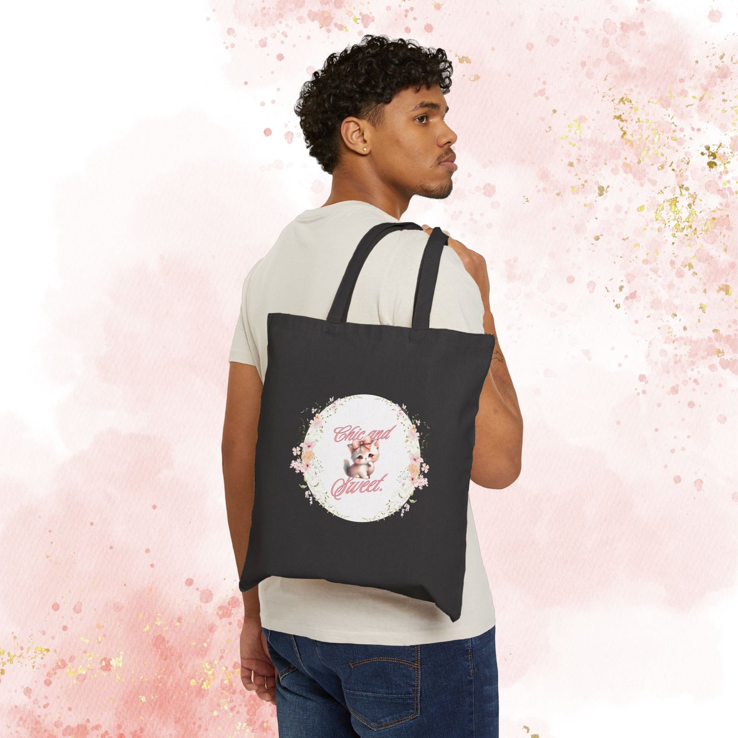 Chic & Sweet - Blushing Kitten Valentine Floral Wreath Tote Bag | Cute Kitten Animal Illustration