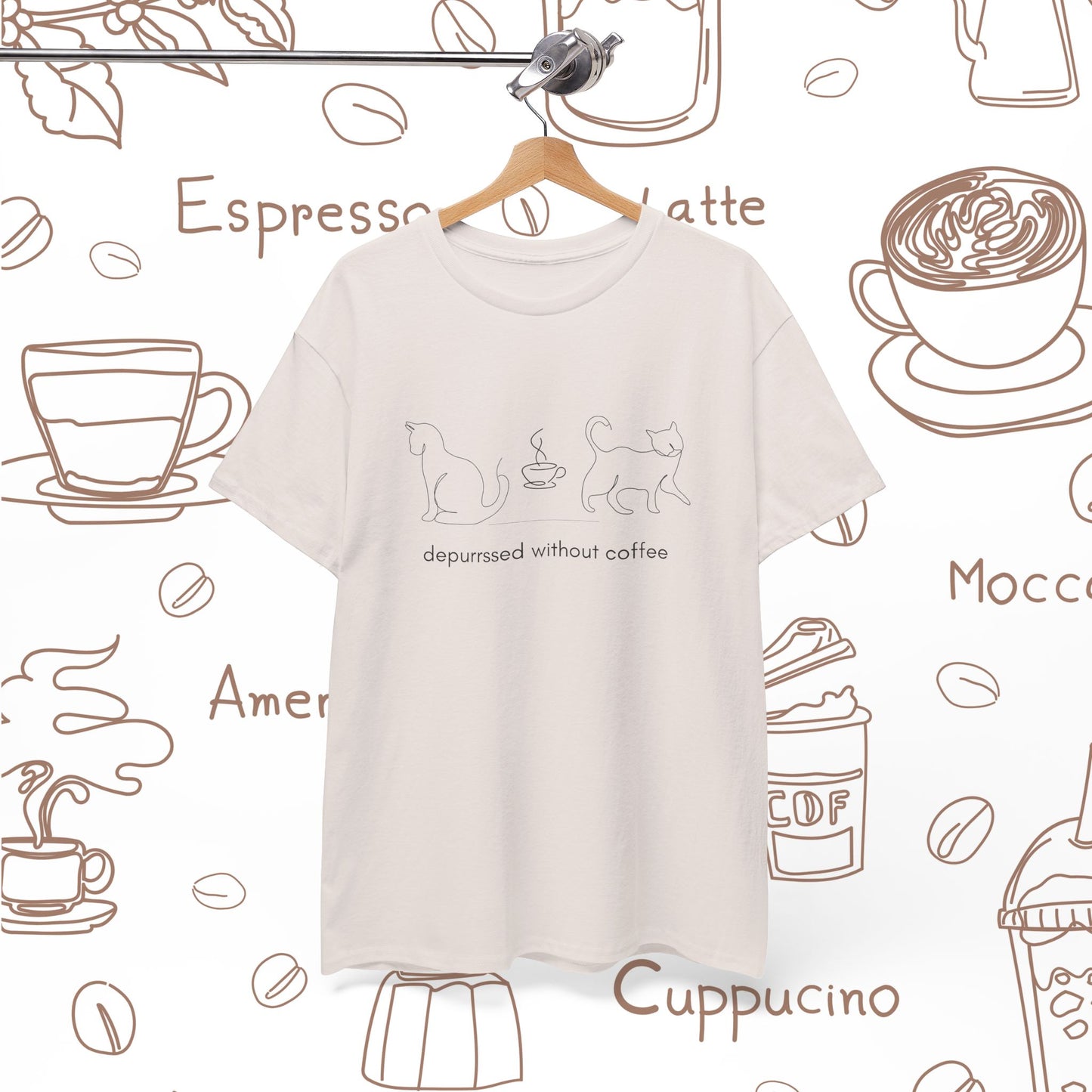Depurrssed Without Coffee — Minimalist Caffeine Tee, Coffee Cat T‑Shirt
