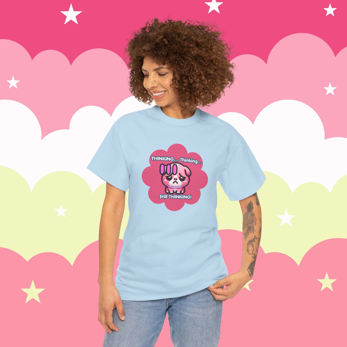 Contemplating Pink Bulldog Emote "Thinking... Still Thinking!" MoodT-Shirt
