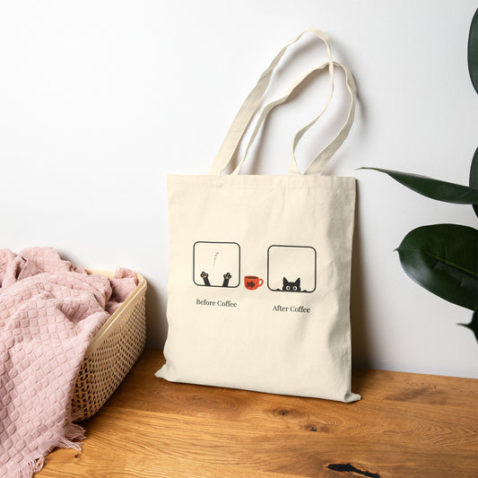 "Before Coffee / After Coffee" Canvas Tote Bag, Cat & Coffee Cute Illustration