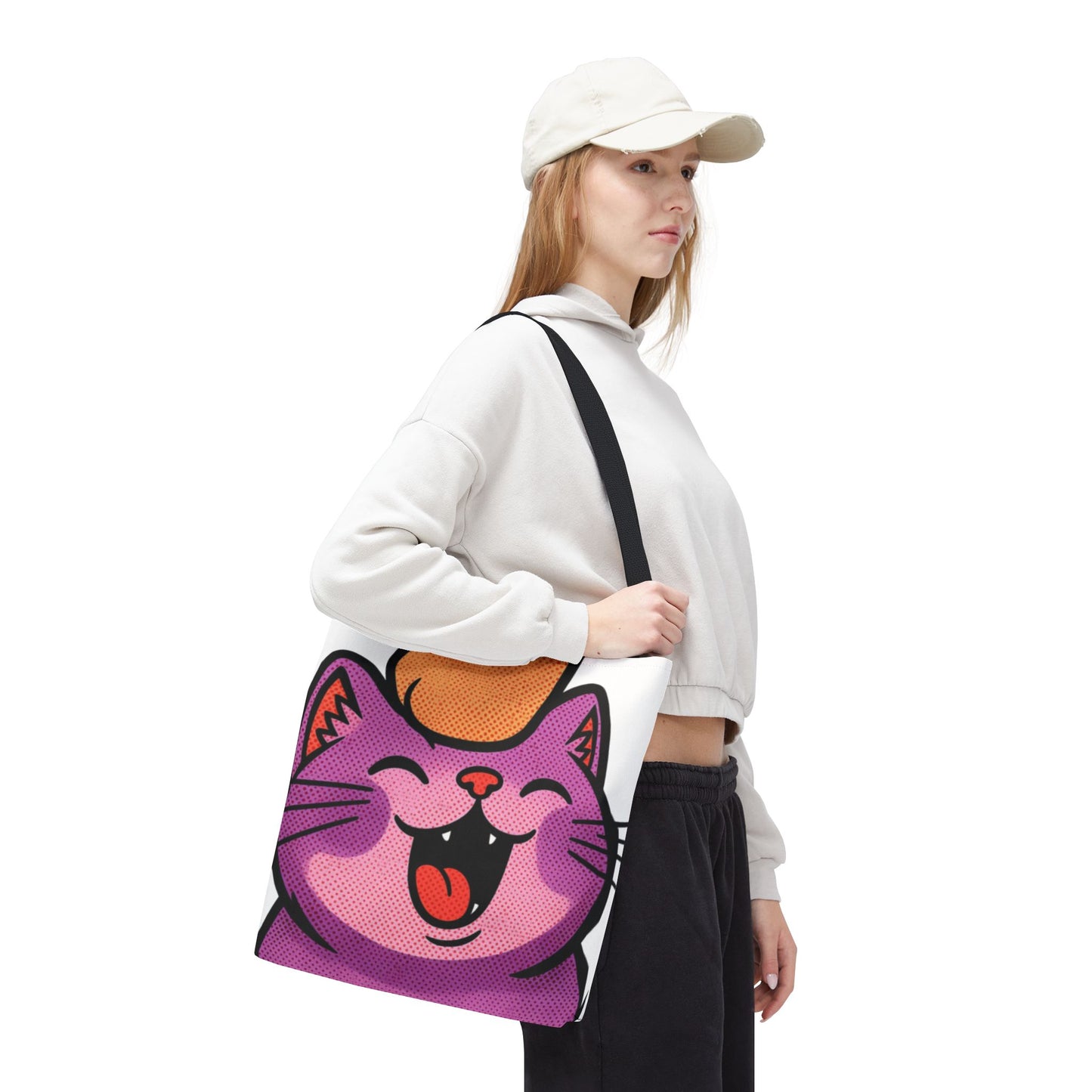 Happy Purple Cat Tote Bag — Cute Kawaii Cat Face AOP Tote