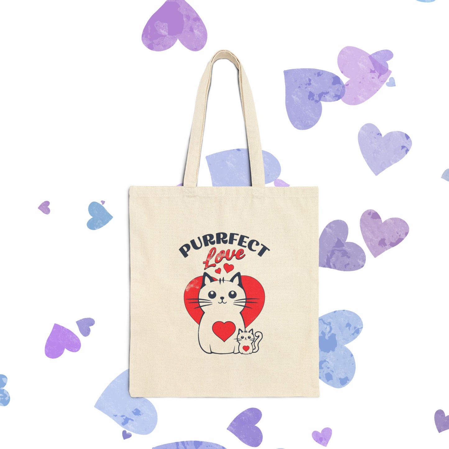 Purrfect Love Cat Tote Bag — Cute Heart Kitten Canvas Shopping Bag