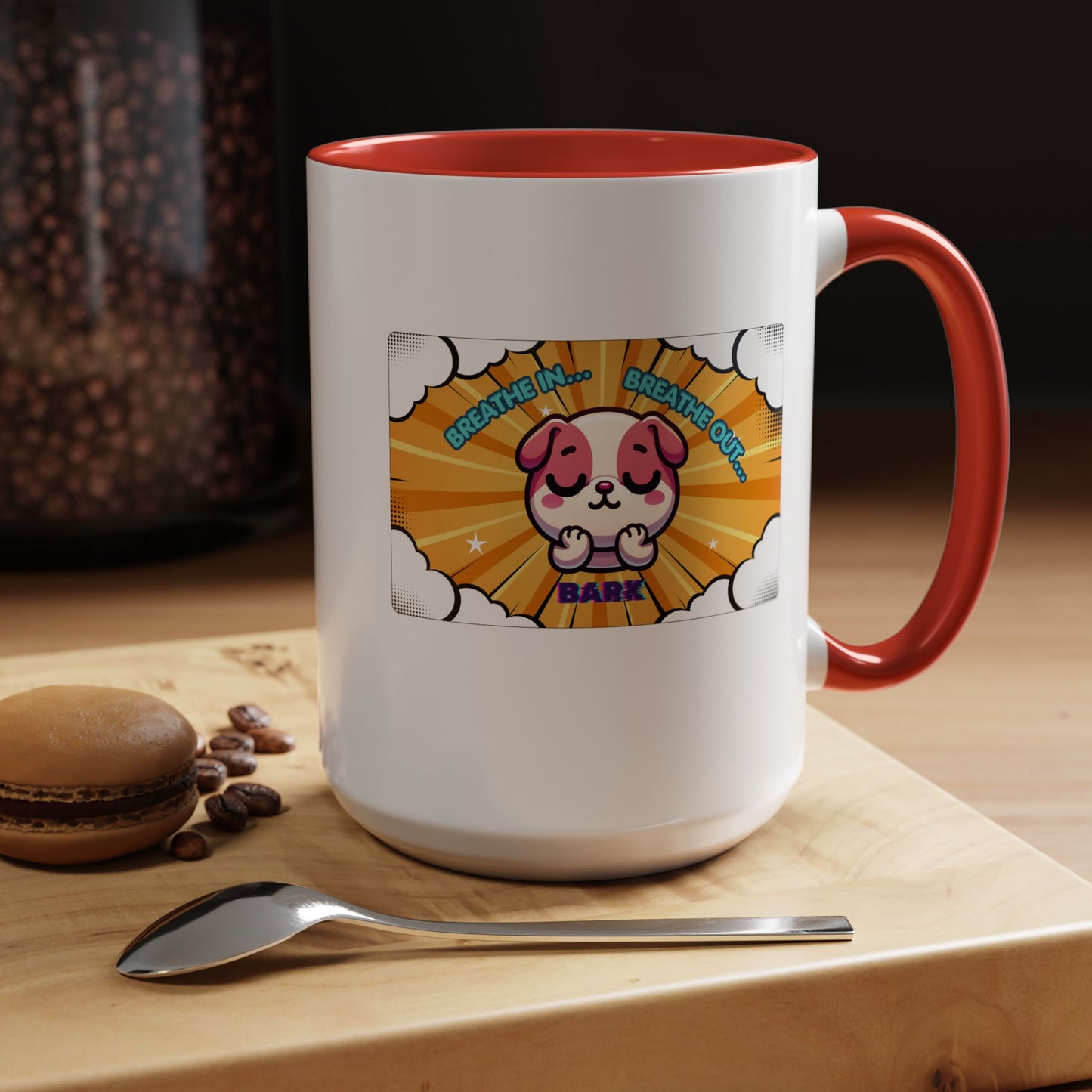 Stay Calm Pink Bulldog Kawaii Emote Coffee Mug — "Breathe In... Breathe Out... Bark"