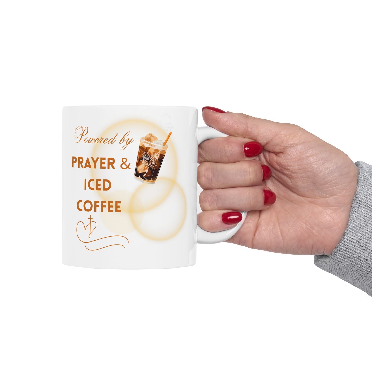 Powered by Brayer & Iced Coffee - Inspirational Christian Mug for Believers and Caffeine Enthusiast - Iced Coffee Lovers, Coffee Cup for Gift, Custom Mug, Inspirational Drinkware, Perfect for Holidays