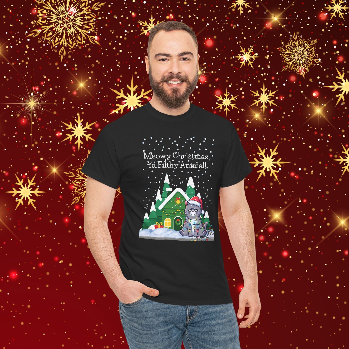 Christmas Cat T-Shirt — “Meowy Christmas Ya Filthy Animal” Holiday Tee