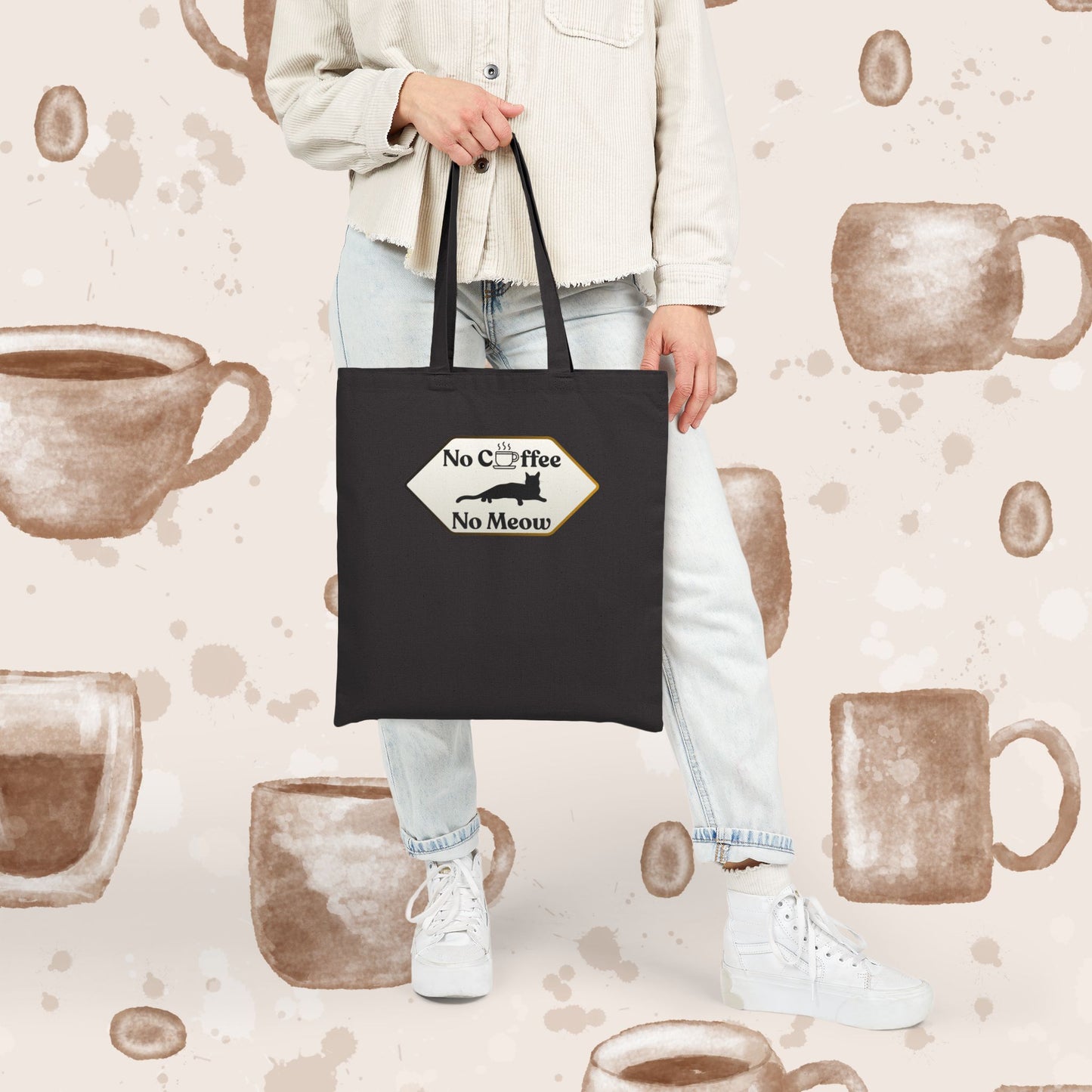 No Coffee No Meow Canvas Tote Bag – Sarcastic Coffee Cat Sign, Funny Cat Lover Coffee Tote