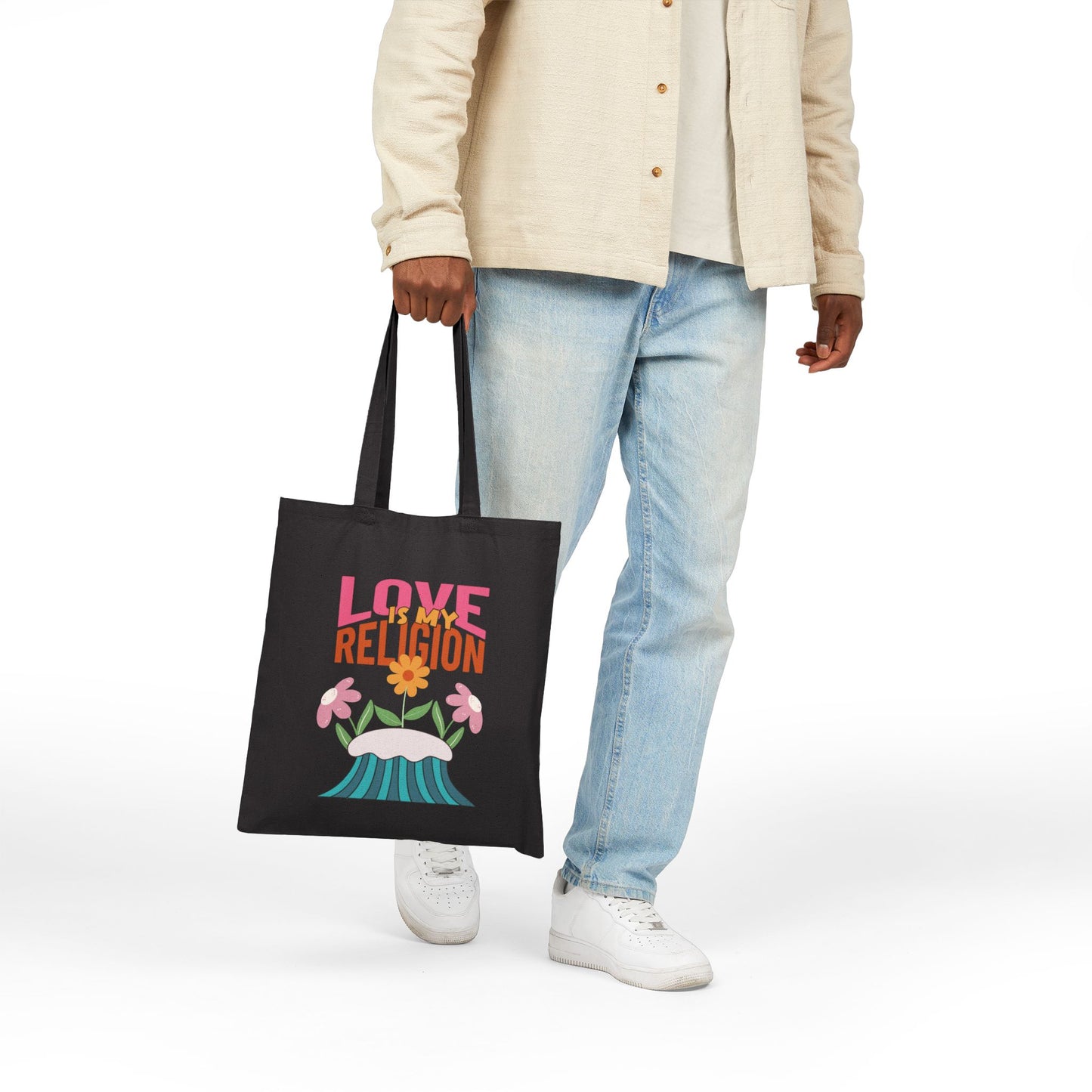 Love Is My Religion Cotton Tote — Floral Retro Canvas Bag