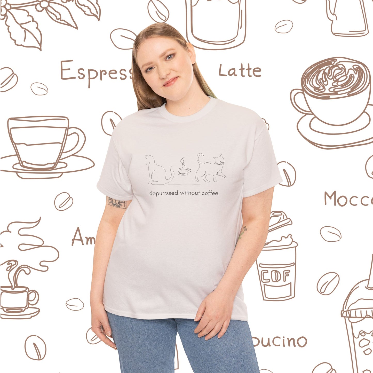 Depurrssed Without Coffee — Minimalist Caffeine Tee, Coffee Cat T‑Shirt