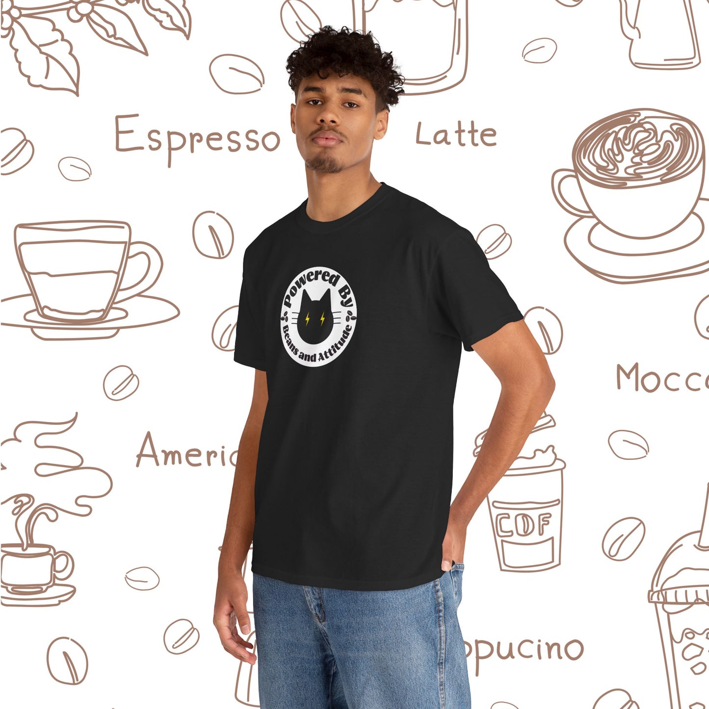 Powered By Beans & Attitude - Coffee Cat graphic tee | minimalist coffee cat illustration, pet lover shirt