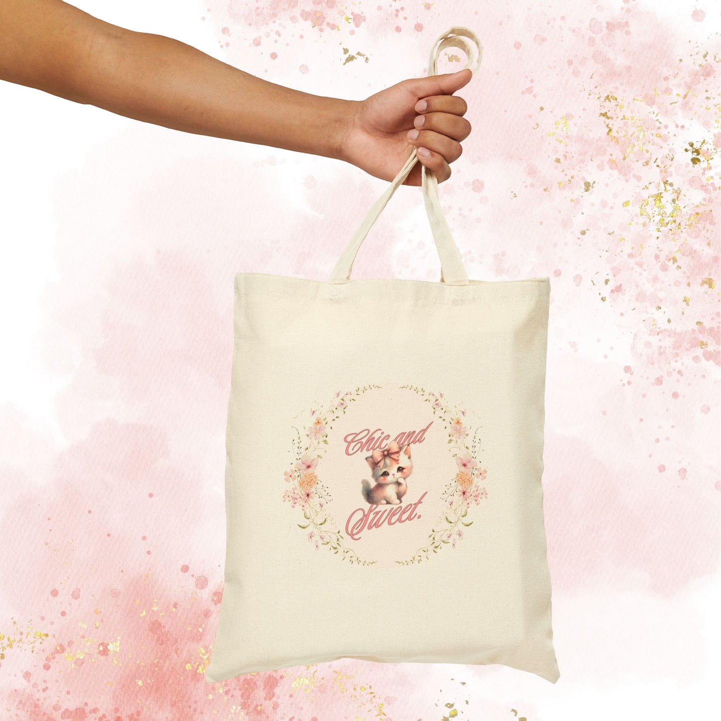 Chic & Sweet - Blushing Kitten Valentine Floral Wreath Tote Bag | Cute Kitten Animal Illustration