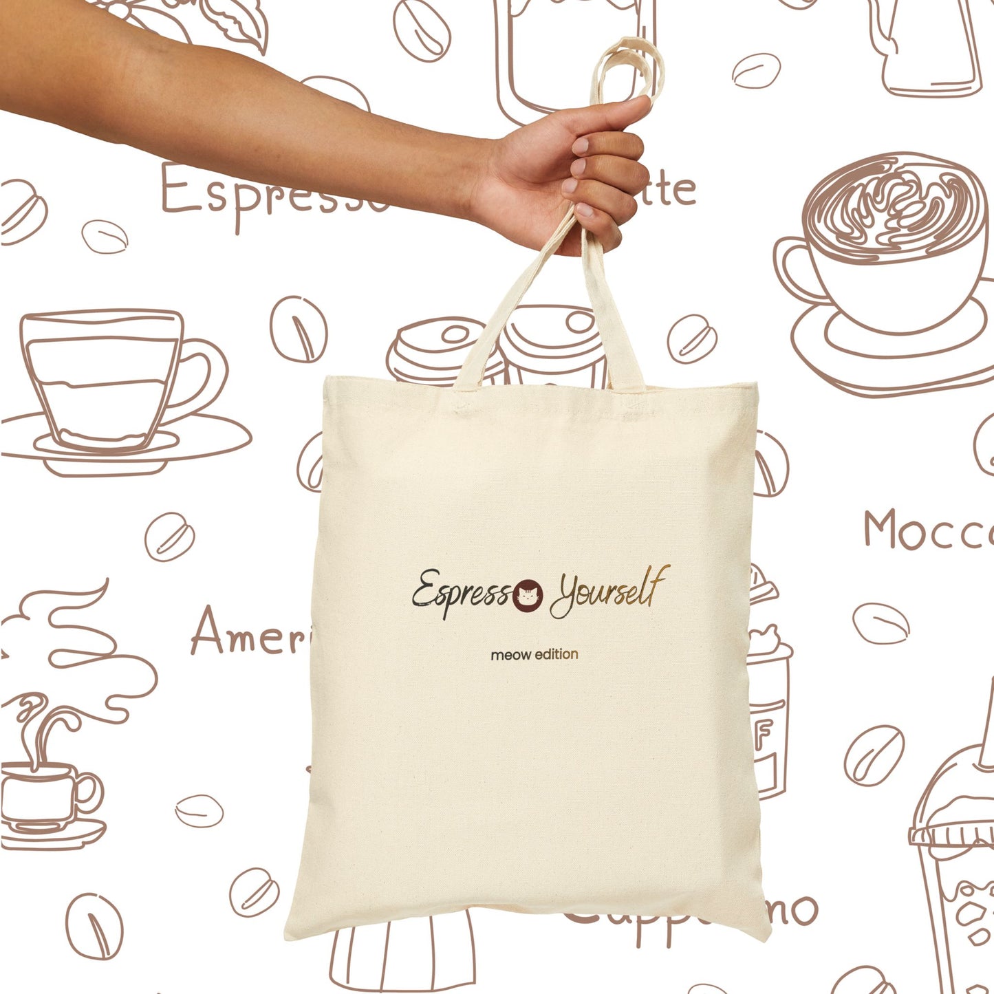 Espresso Yourself Meow Edition Coffee Cat Canvas Tote — Espresso Lover Cotton Bag