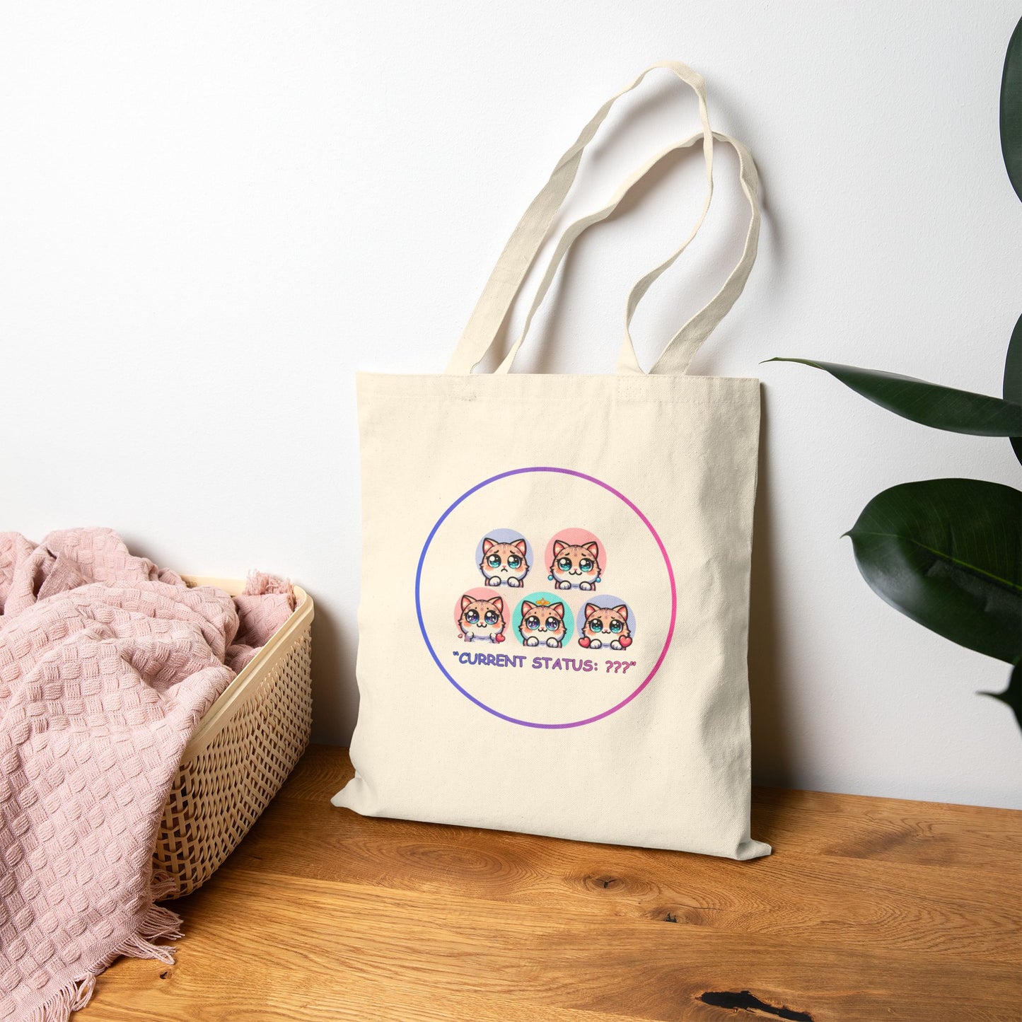Cat Mood Tote Bag — Cute Kawaii Cat Faces "Current Status: ???" Canvas Tote