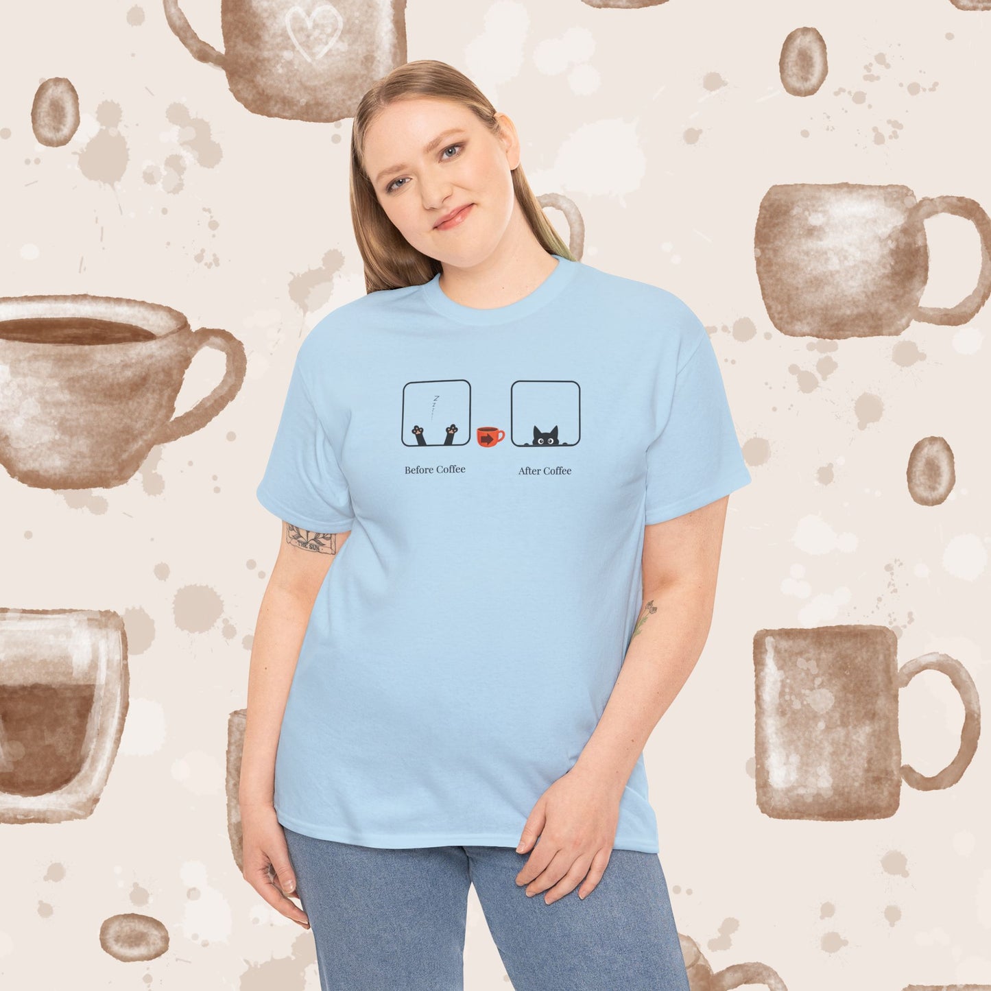Before Coffee / After - Minimalist Coffee Cat Lover Graphic Tee