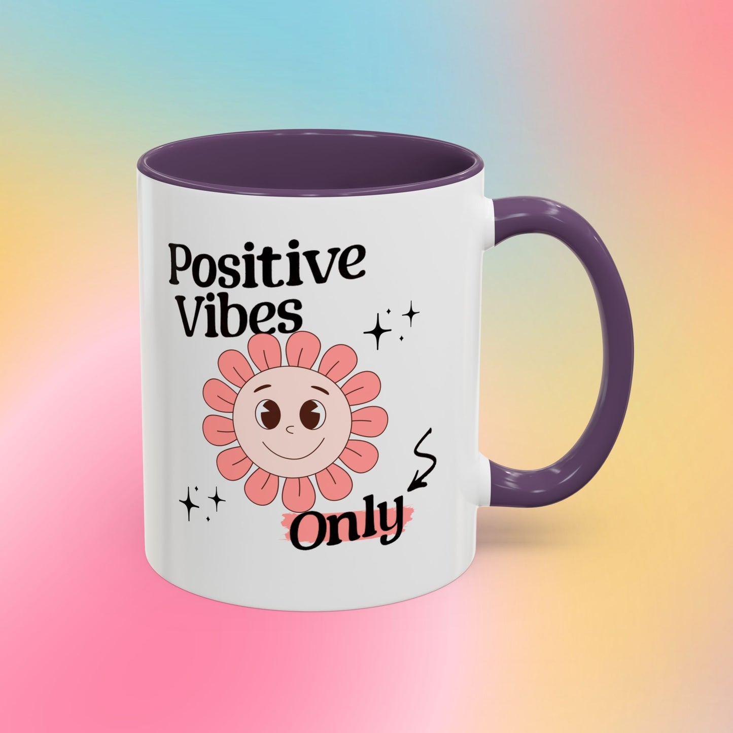 Retro Smiling Pink Flower Accent Coffee Mug — "Positive Vibes Only"