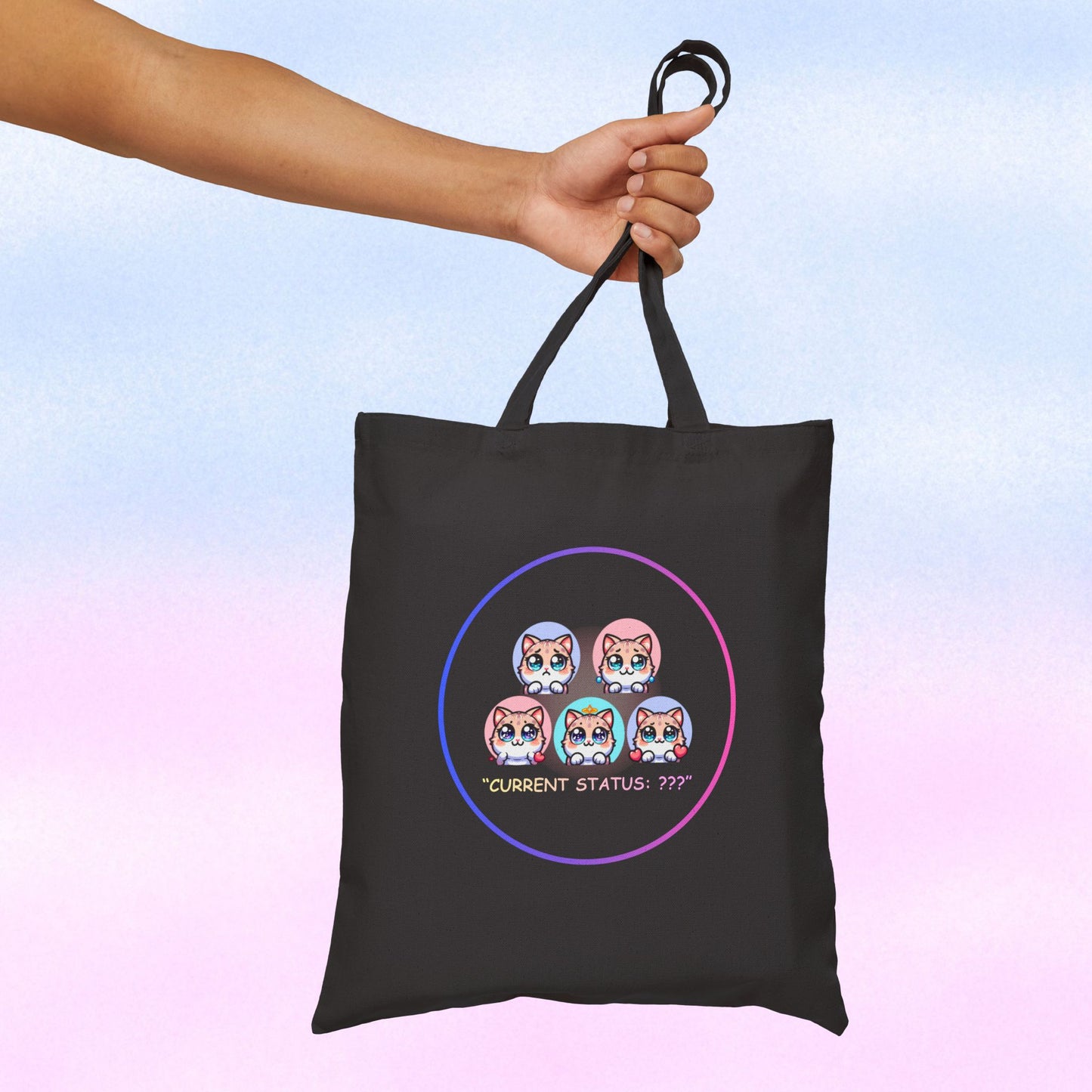 Cat Mood Tote Bag — Cute Kawaii Cat Faces "Current Status: ???" Canvas Tote