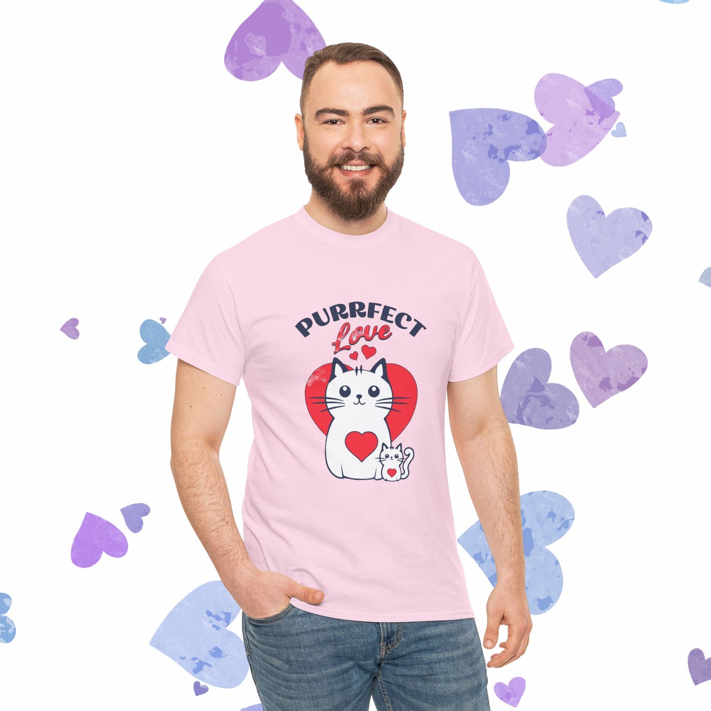 Purrfect Love Cat T-Shirt — Cute Heart Cat Graphic Tee for Cat Lovers, Valentine's Day Gift