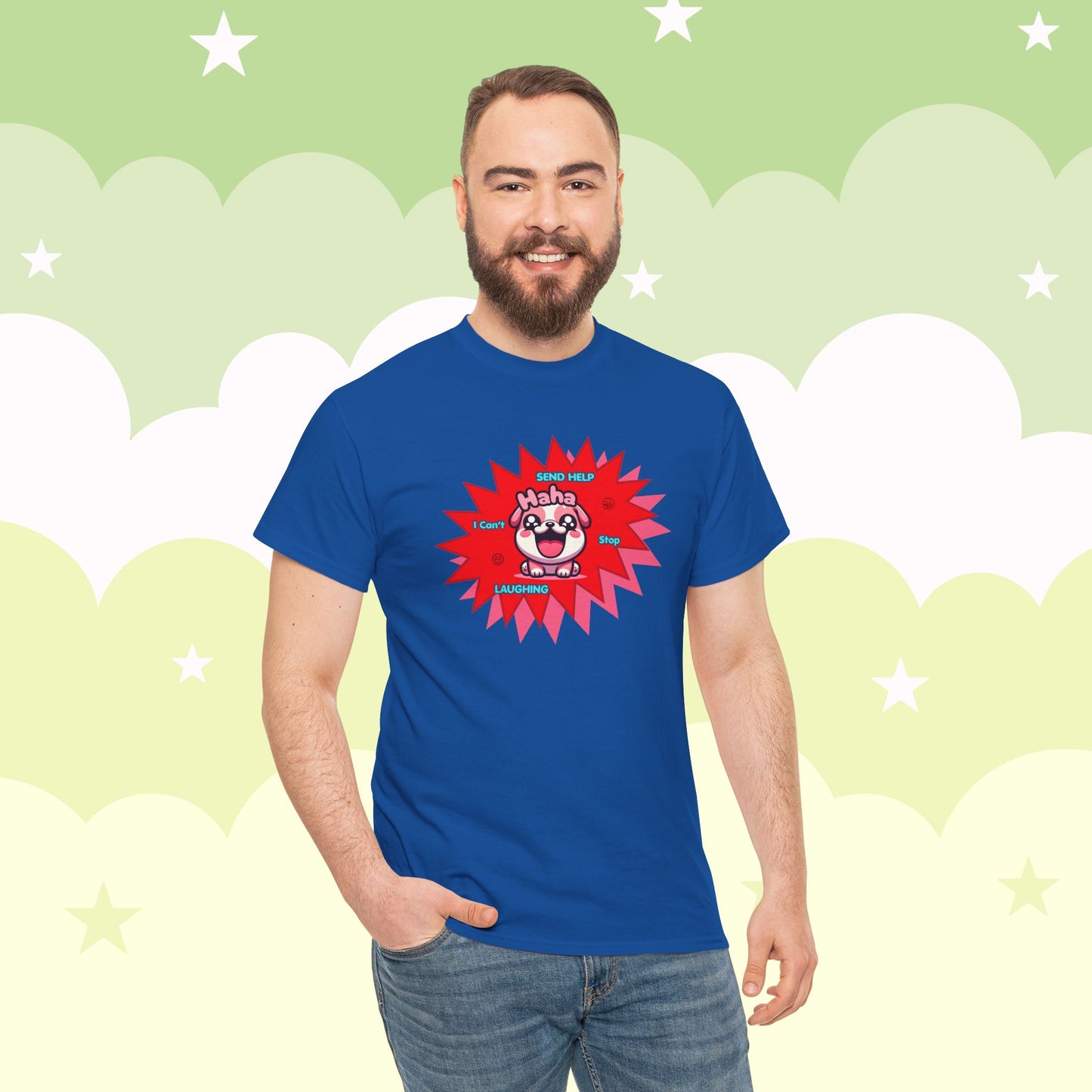 Laughing Pink Bulldog T-Shirt — "Help, I Can't Stop Laughing" Funny Emote Tee