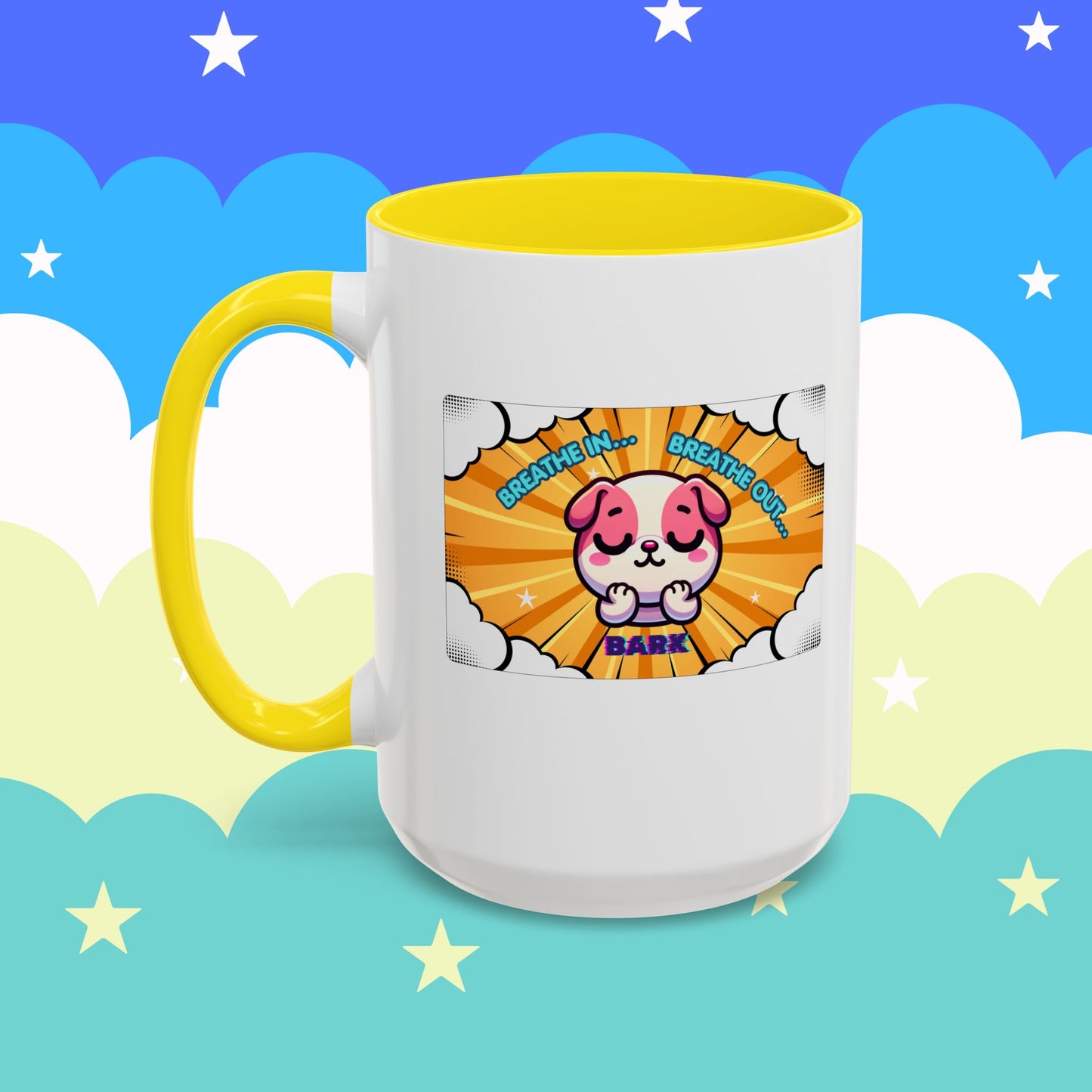 Stay Calm Pink Bulldog Kawaii Emote Coffee Mug — "Breathe In... Breathe Out... Bark"
