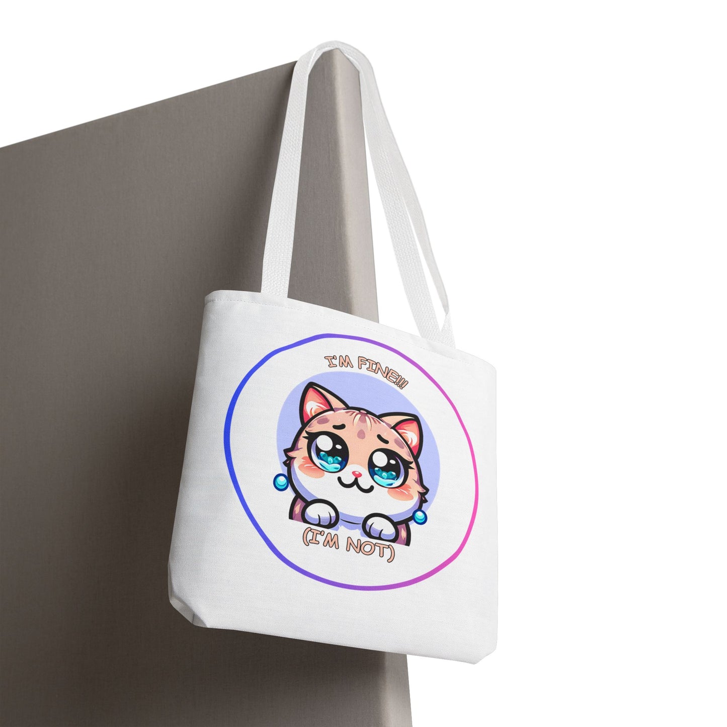 Cute Kawaii Cat Meltdown Emote Tote Bag — "I’m Fine(I'm Not)" Graphic Tote