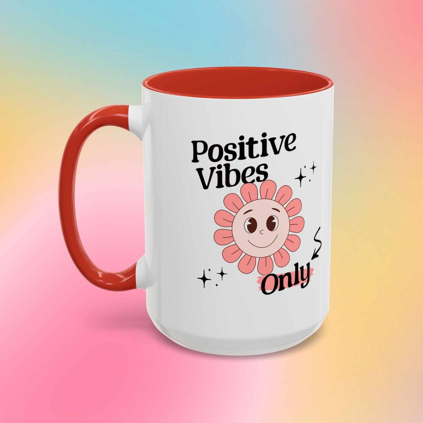 Retro Smiling Pink Flower Accent Coffee Mug — "Positive Vibes Only"