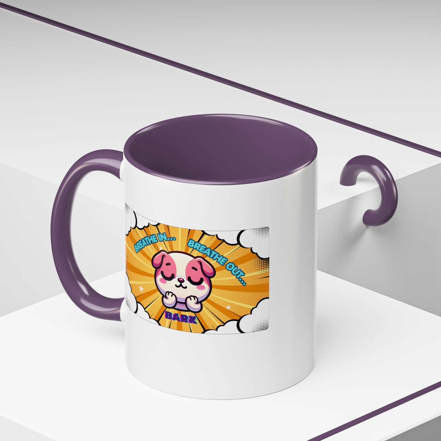 Stay Calm Pink Bulldog Kawaii Emote Coffee Mug — "Breathe In... Breathe Out... Bark"