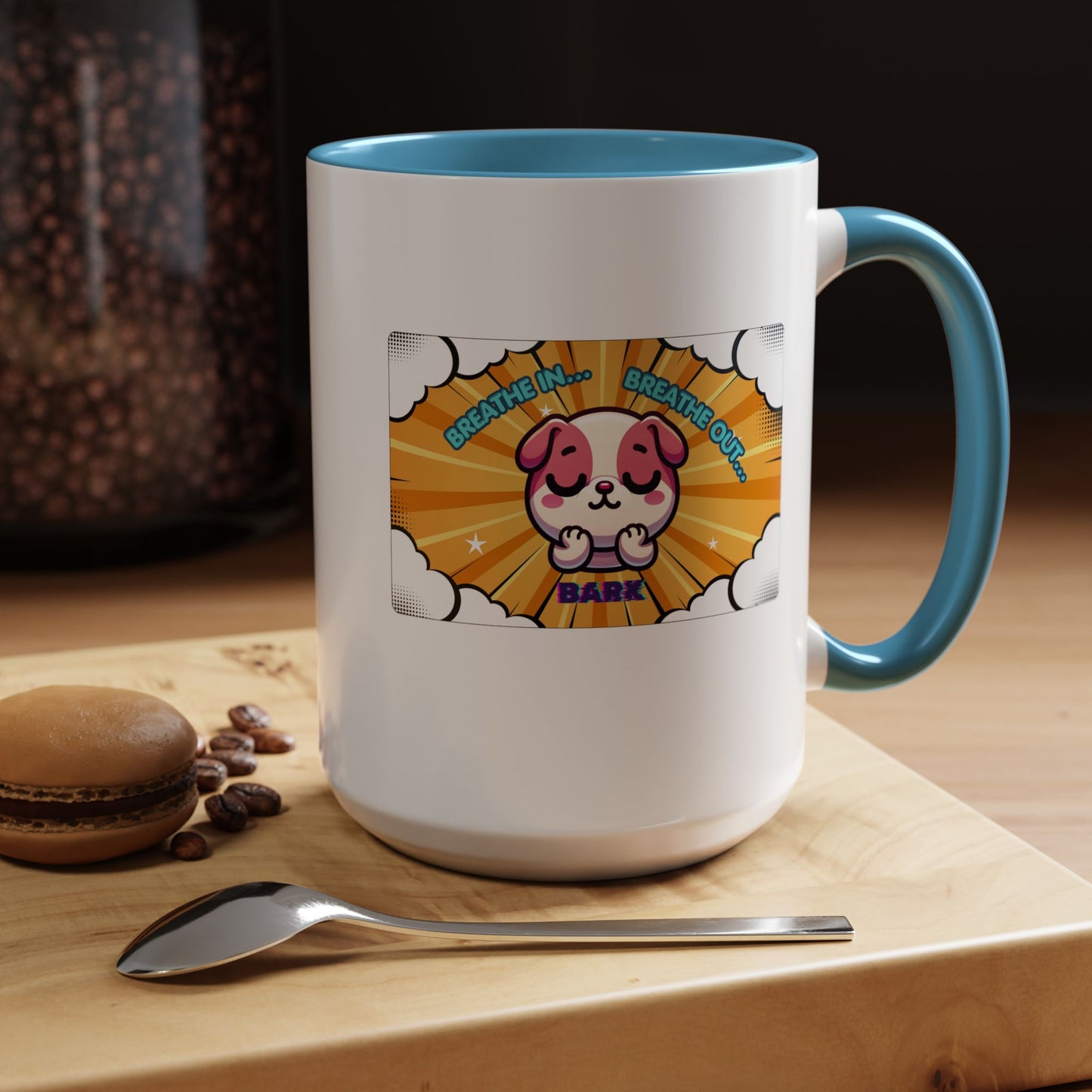 Stay Calm Pink Bulldog Kawaii Emote Coffee Mug — "Breathe In... Breathe Out... Bark"