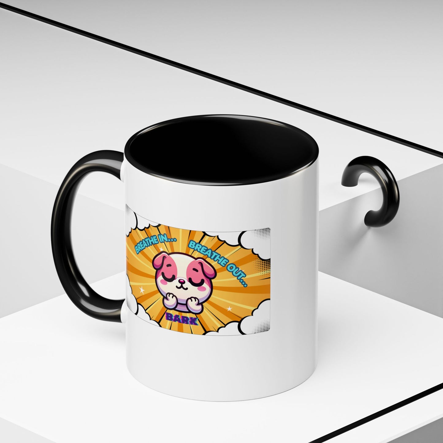 Stay Calm Pink Bulldog Kawaii Emote Coffee Mug — "Breathe In... Breathe Out... Bark"