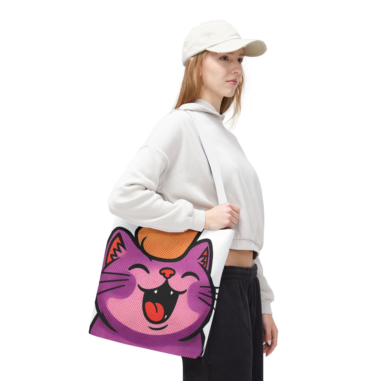 Happy Purple Cat Tote Bag — Cute Kawaii Cat Face AOP Tote