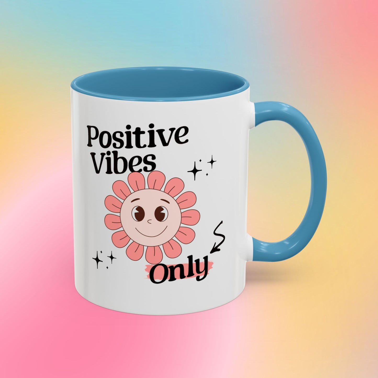 Retro Smiling Pink Flower Accent Coffee Mug — "Positive Vibes Only"