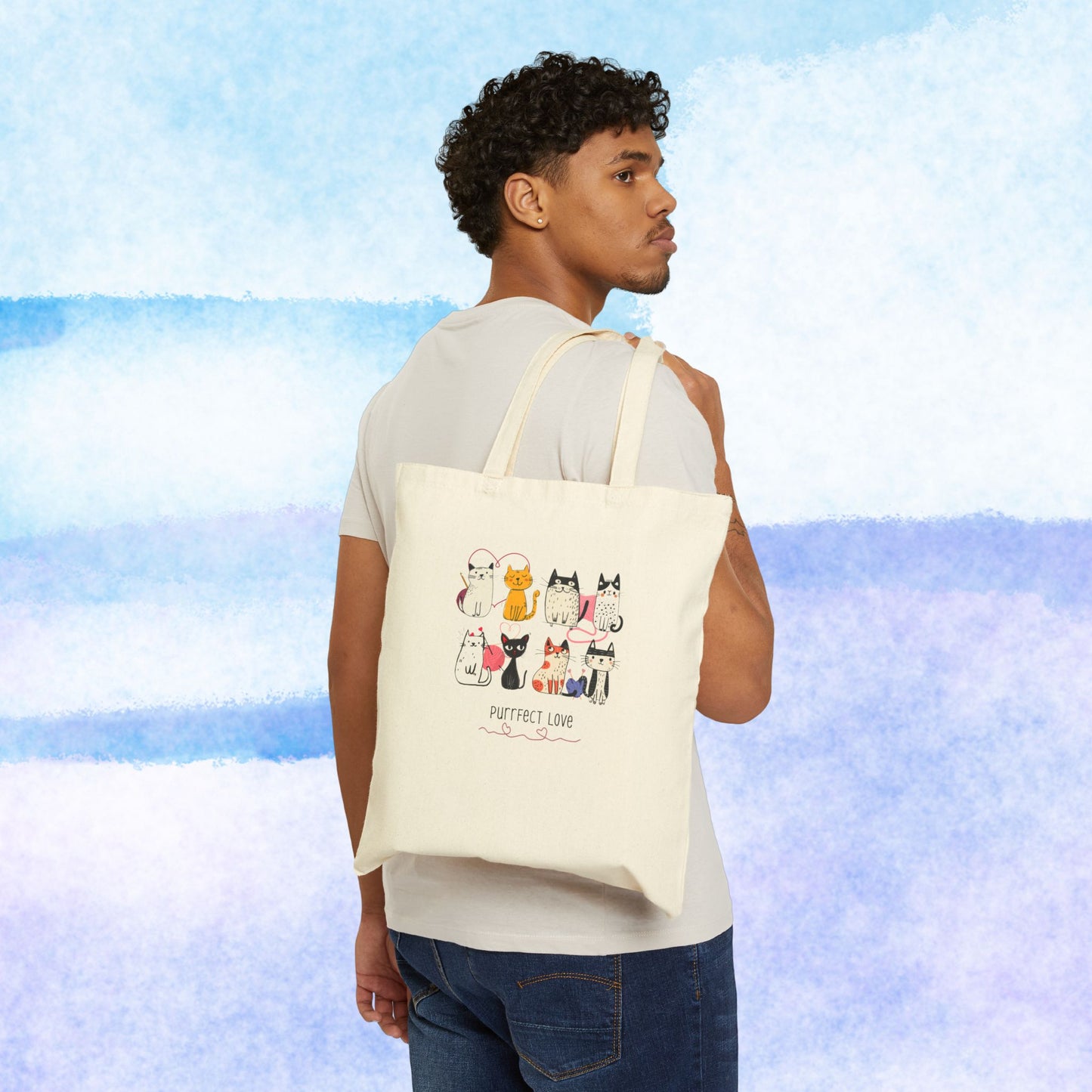 Canvas Tote Bag — "Purrfect Love" Cute Cat Illustration Tote for Cat Lovers