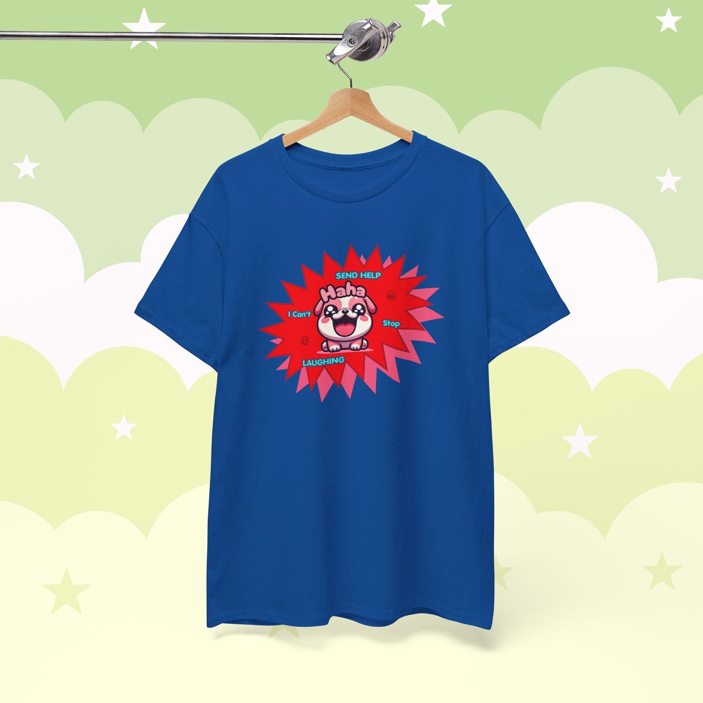 Laughing Pink Bulldog T-Shirt — "Help, I Can't Stop Laughing" Funny Emote Tee