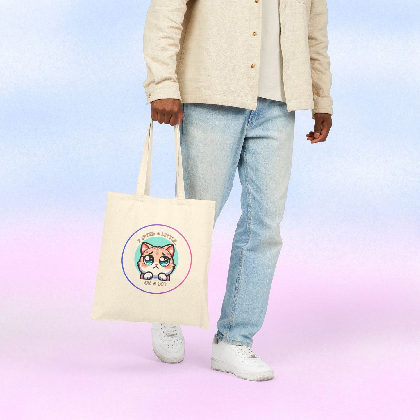 Cute Wide-Eyed Cat Illustration Tote Bag | "I Cried a Little... Ok a Lot"