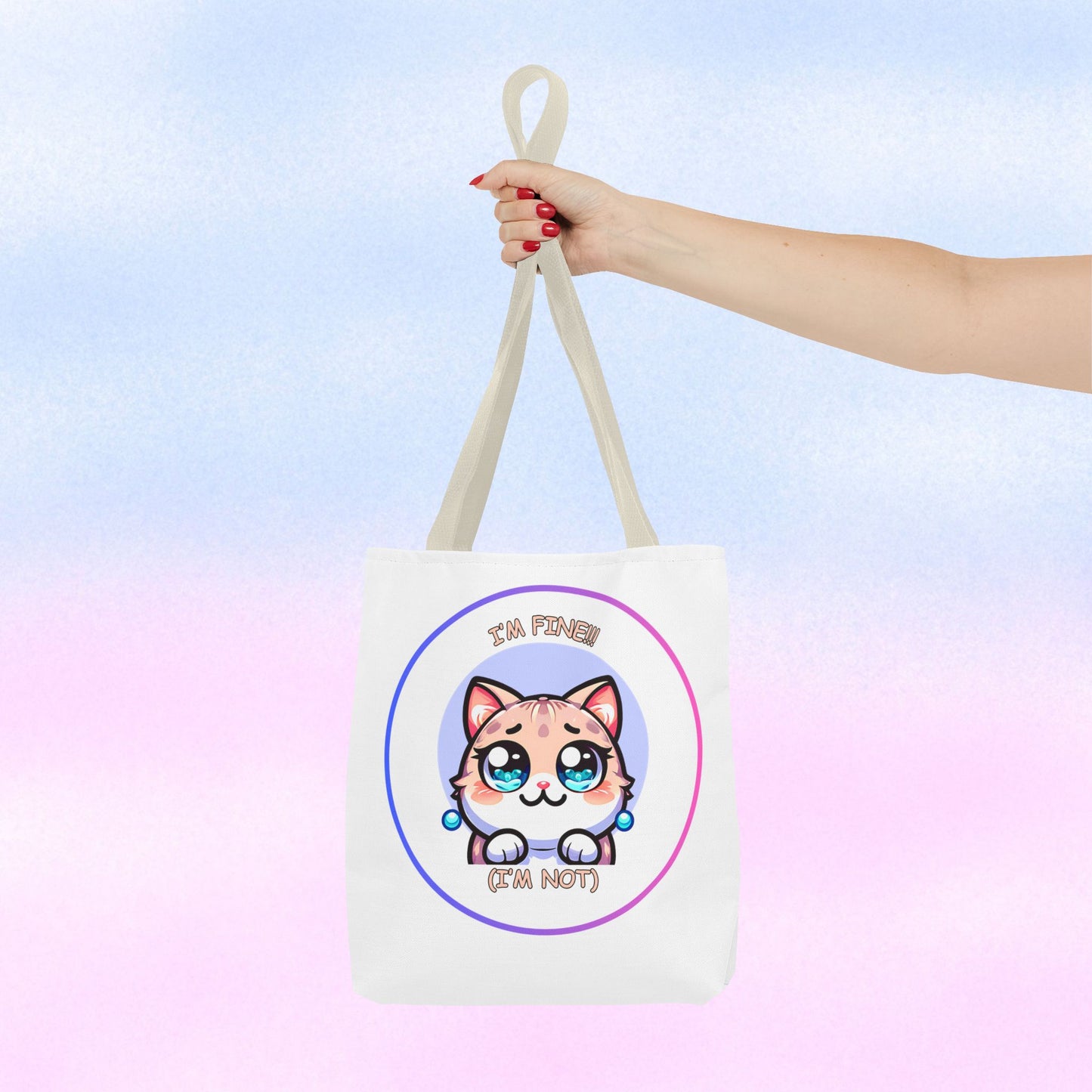 Cute Kawaii Cat Meltdown Emote Tote Bag — "I’m Fine(I'm Not)" Graphic Tote