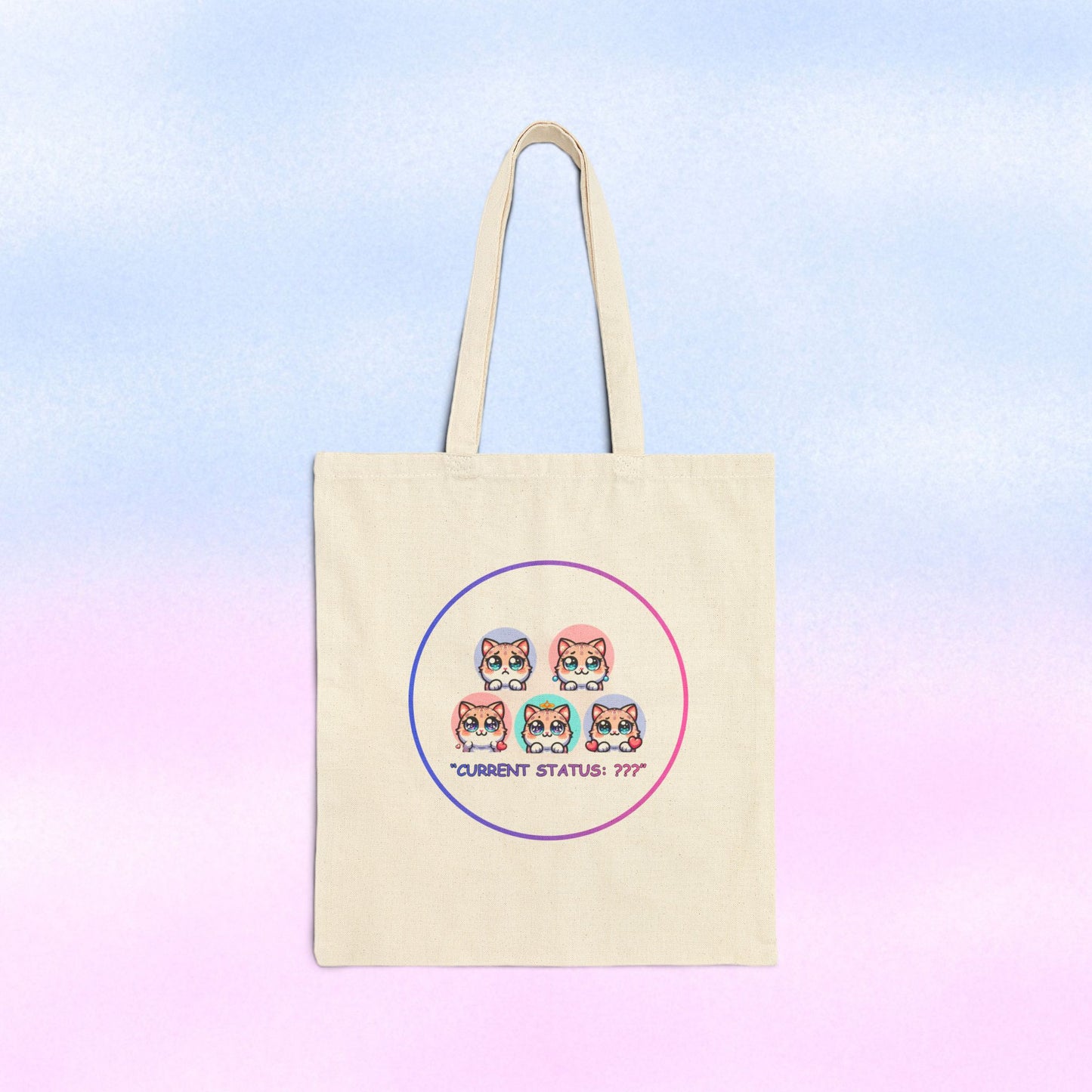 Cat Mood Tote Bag — Cute Kawaii Cat Faces "Current Status: ???" Canvas Tote