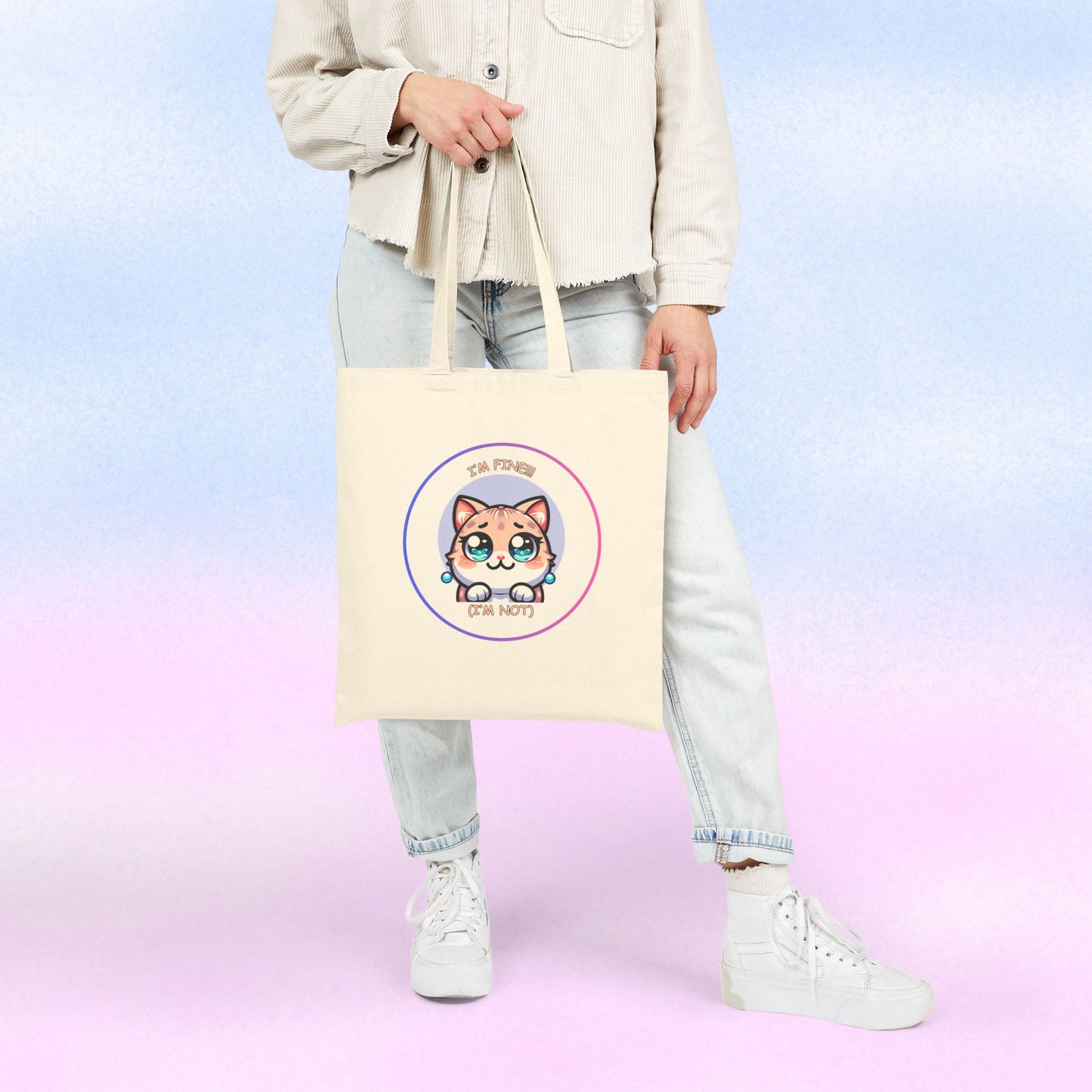 Tote Bag — Cute Kawaii Cat Meltdown Emote “I’m Fine (I’m Not)” Cotton Canvas Tote