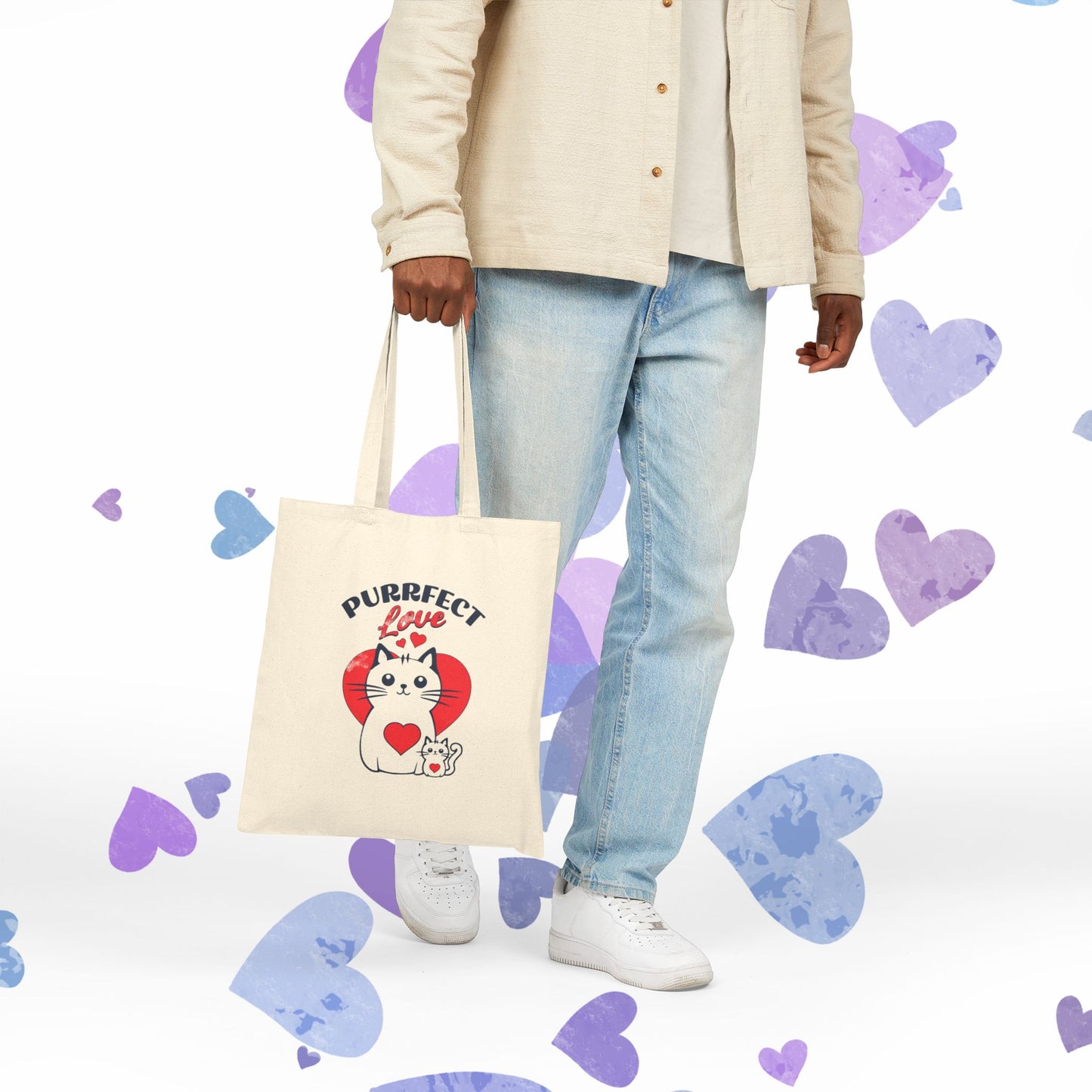 Purrfect Love Cat Tote Bag — Cute Heart Kitten Canvas Shopping Bag