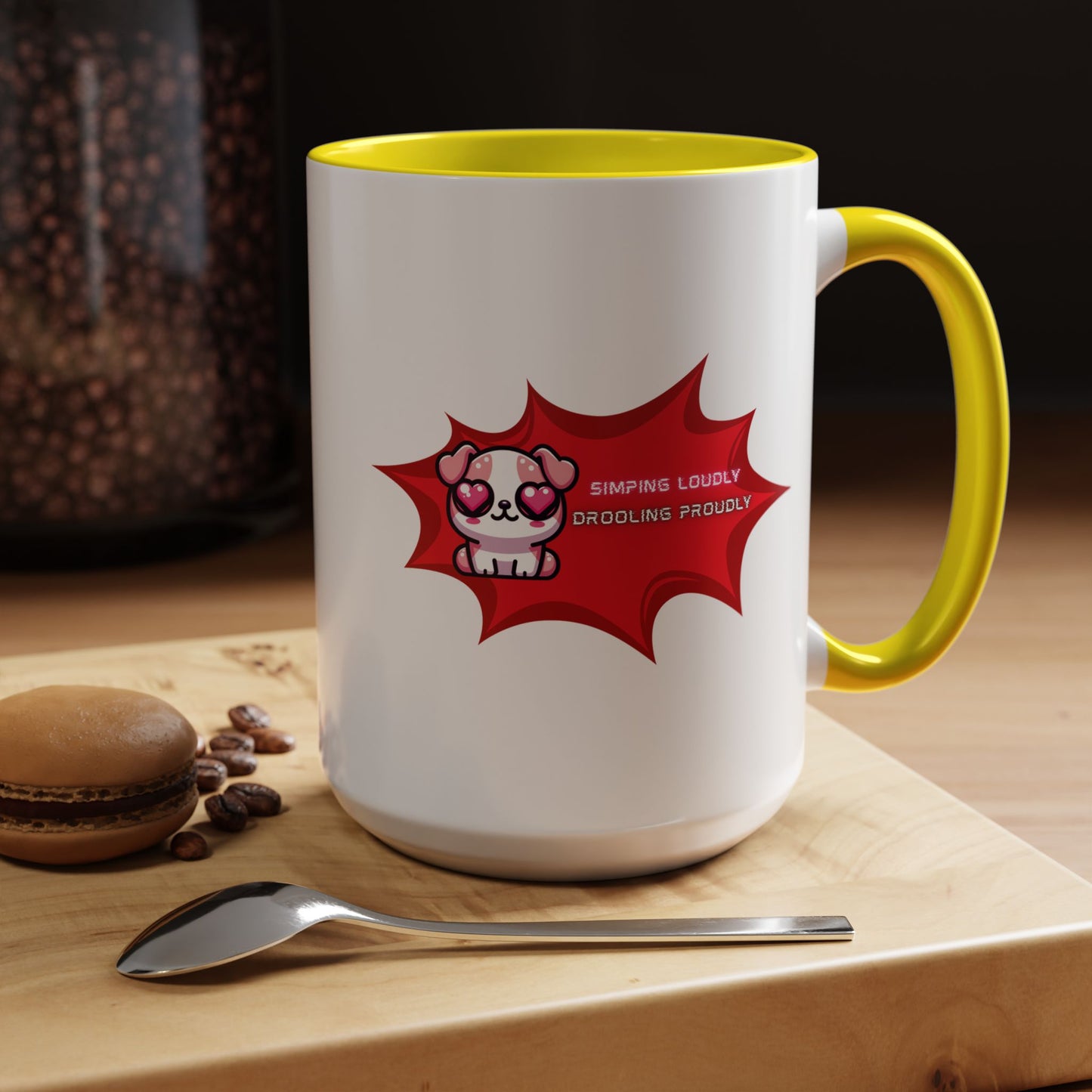 Cute Pink Bulldog Coffee Mug — “Simping Loudly, Drooling Proudly” Kawaii Heart-Eyed