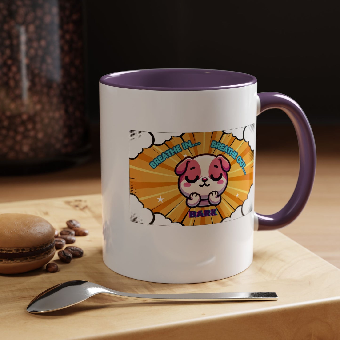 Stay Calm Pink Bulldog Kawaii Emote Coffee Mug — "Breathe In... Breathe Out... Bark"