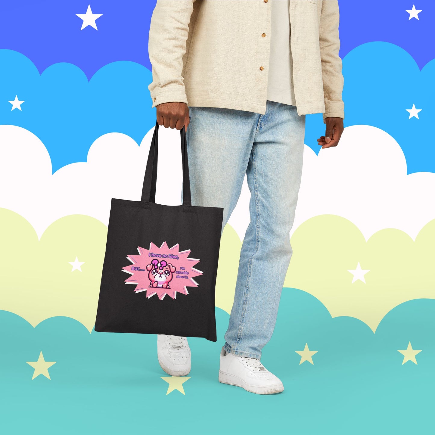 Confused Pink Bulldog Tote Bag — "I have no idea, but... I'm adorable about it."