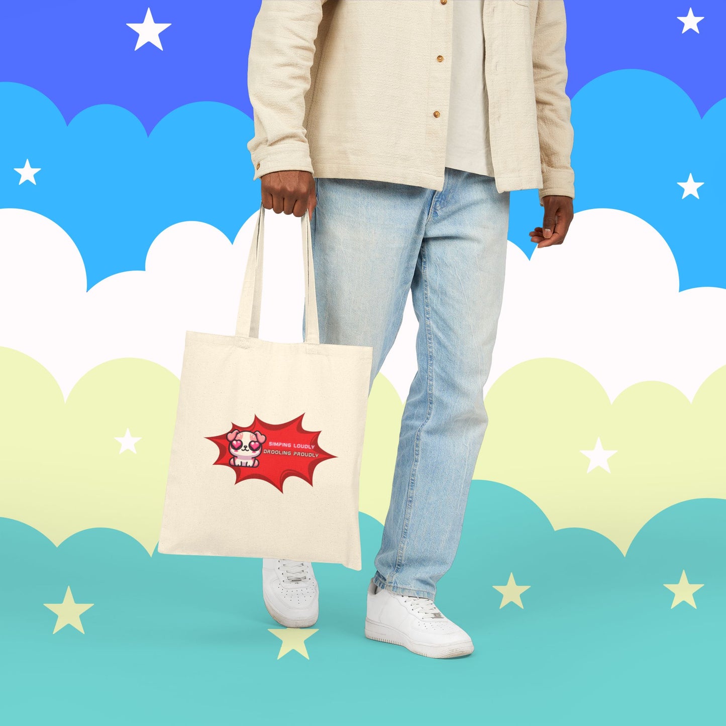 Kawaii Heart-Eyed Bulldog Tote — “Simping Loudly, Drooling Proudly” Cotton Canvas Bag