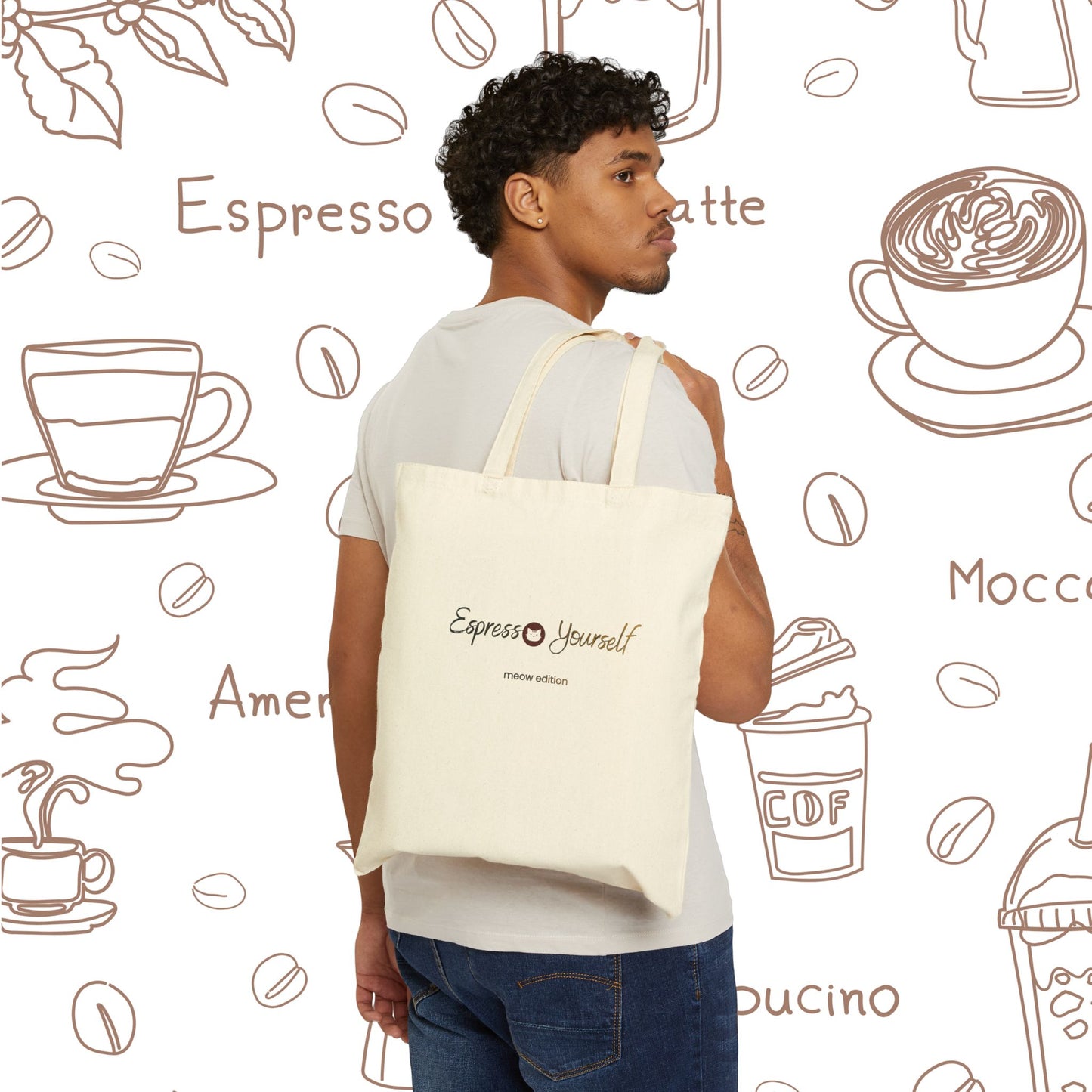 Espresso Yourself Meow Edition Coffee Cat Canvas Tote — Espresso Lover Cotton Bag