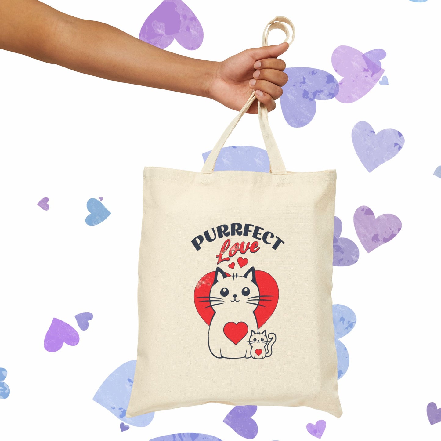 Purrfect Love Cat Tote Bag — Cute Heart Kitten Canvas Shopping Bag
