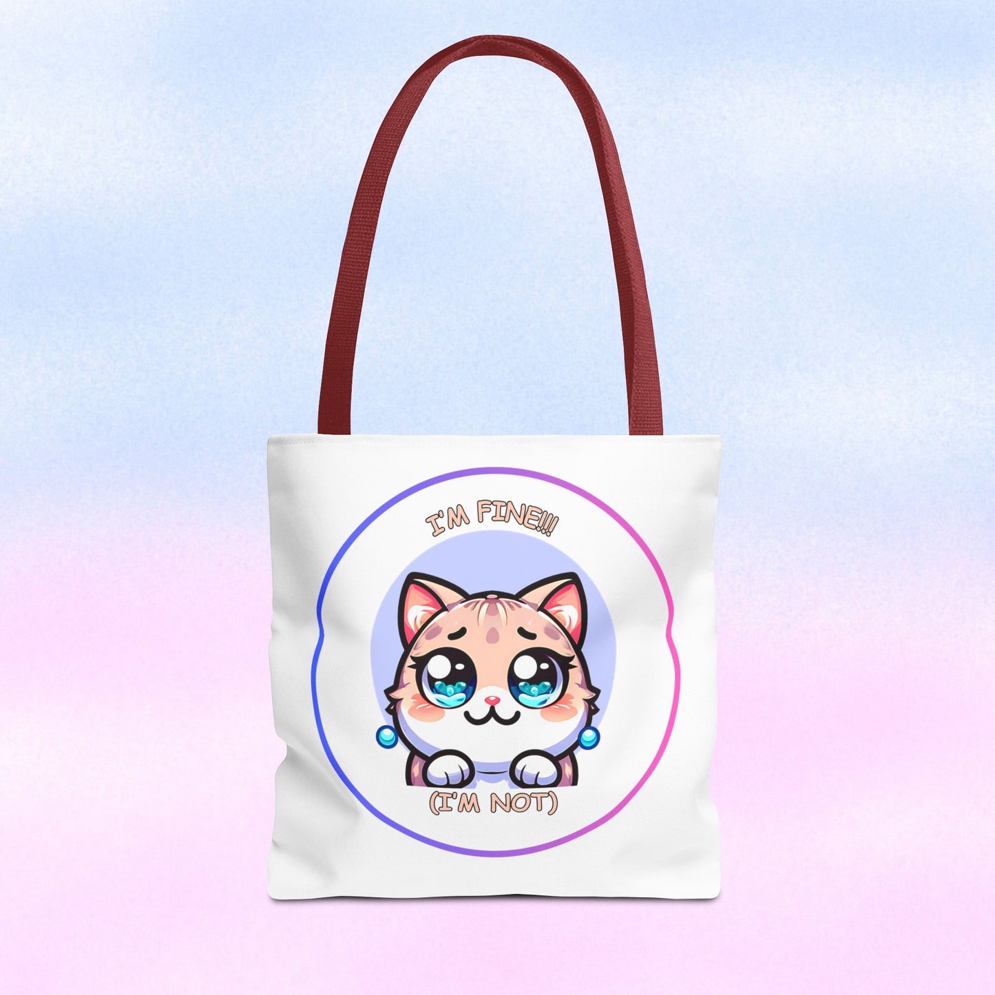 Cute Kawaii Cat Meltdown Emote Tote Bag — "I’m Fine(I'm Not)" Graphic Tote