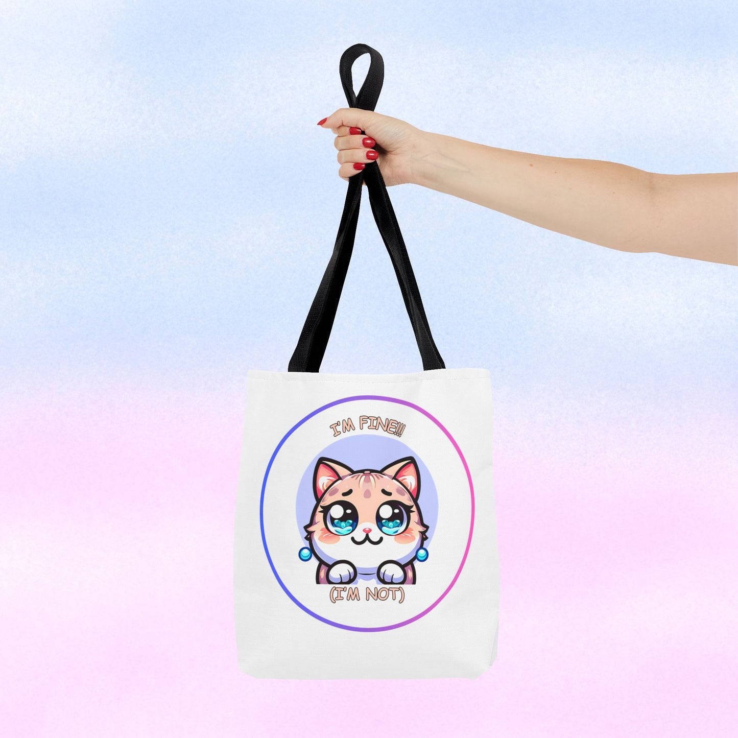 Cute Kawaii Cat Meltdown Emote Tote Bag — "I’m Fine(I'm Not)" Graphic Tote